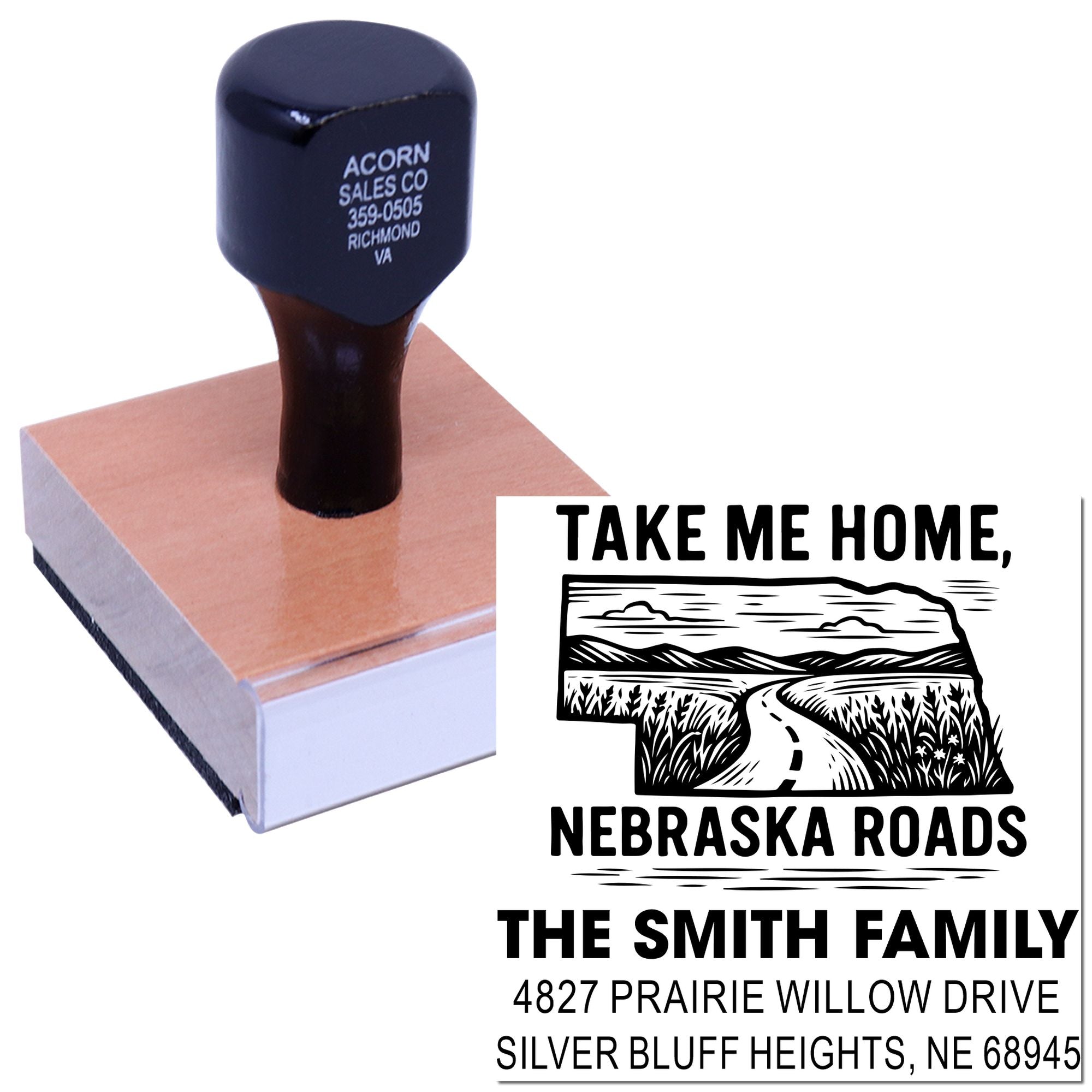 Custom Take Me Home, Nebraska Roads rubber stamp with family name and return address for personalized envelopes and crafts