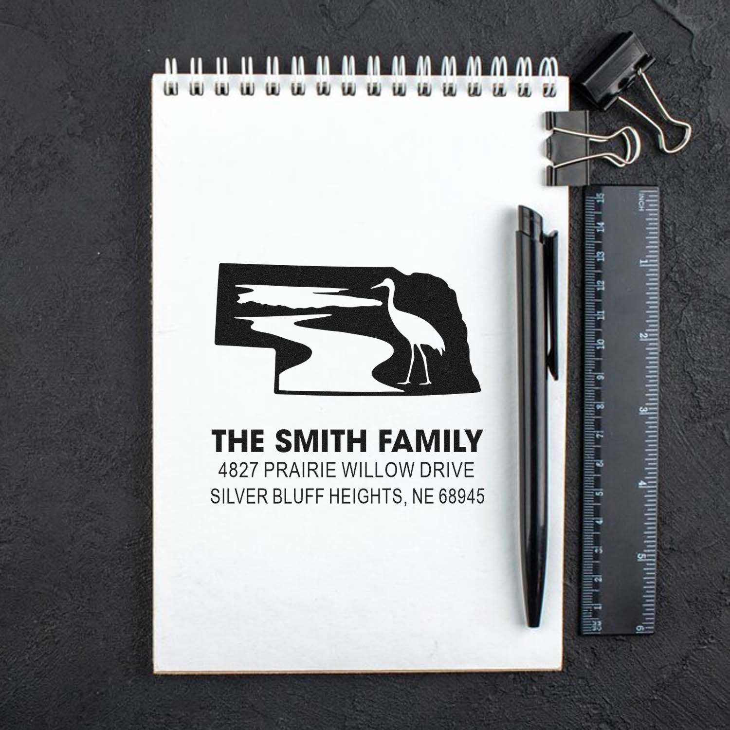 Custom address rubber stamp with heron design for The Smith Family, ideal for envelopes, stationery, and return mail.
