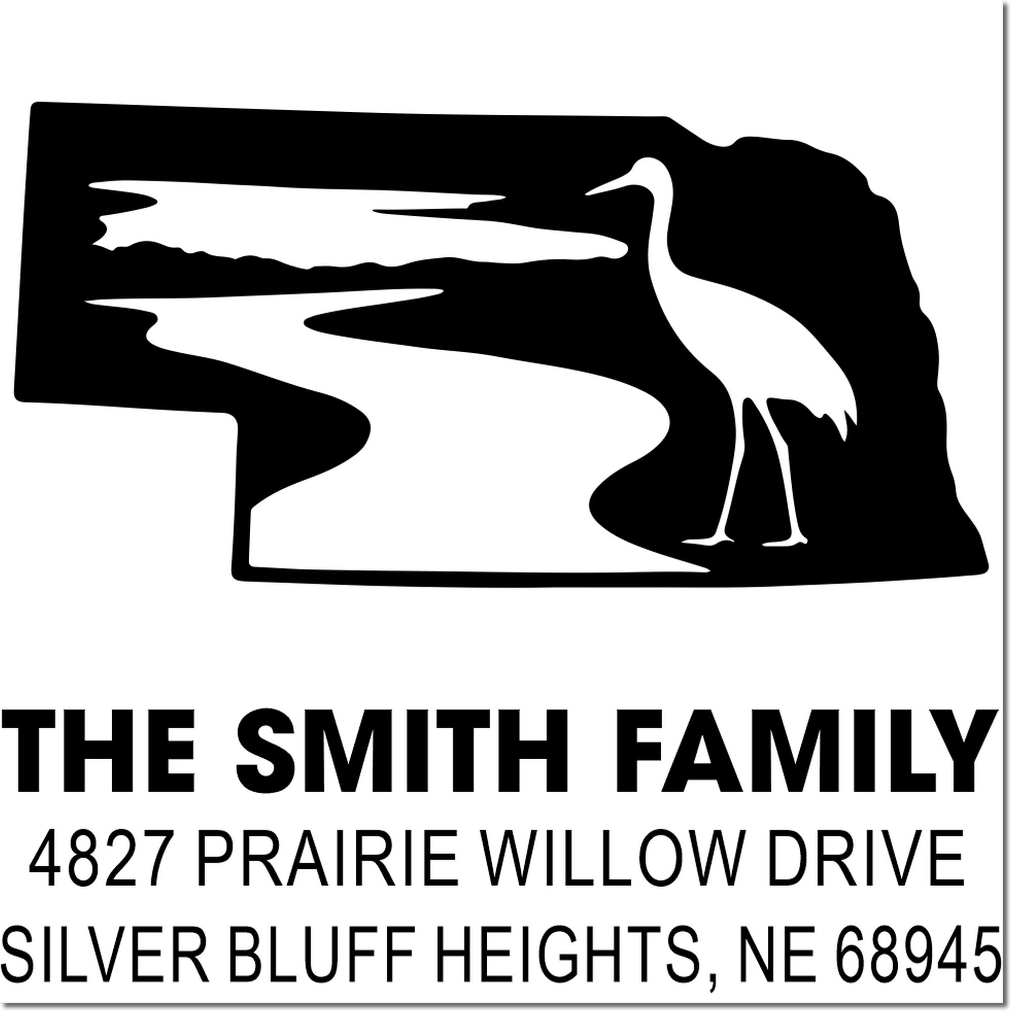Custom return address rubber stamp for The Smith Family with bird silhouette, Prairie Willow Drive, Silver Bluff Heights, NE.