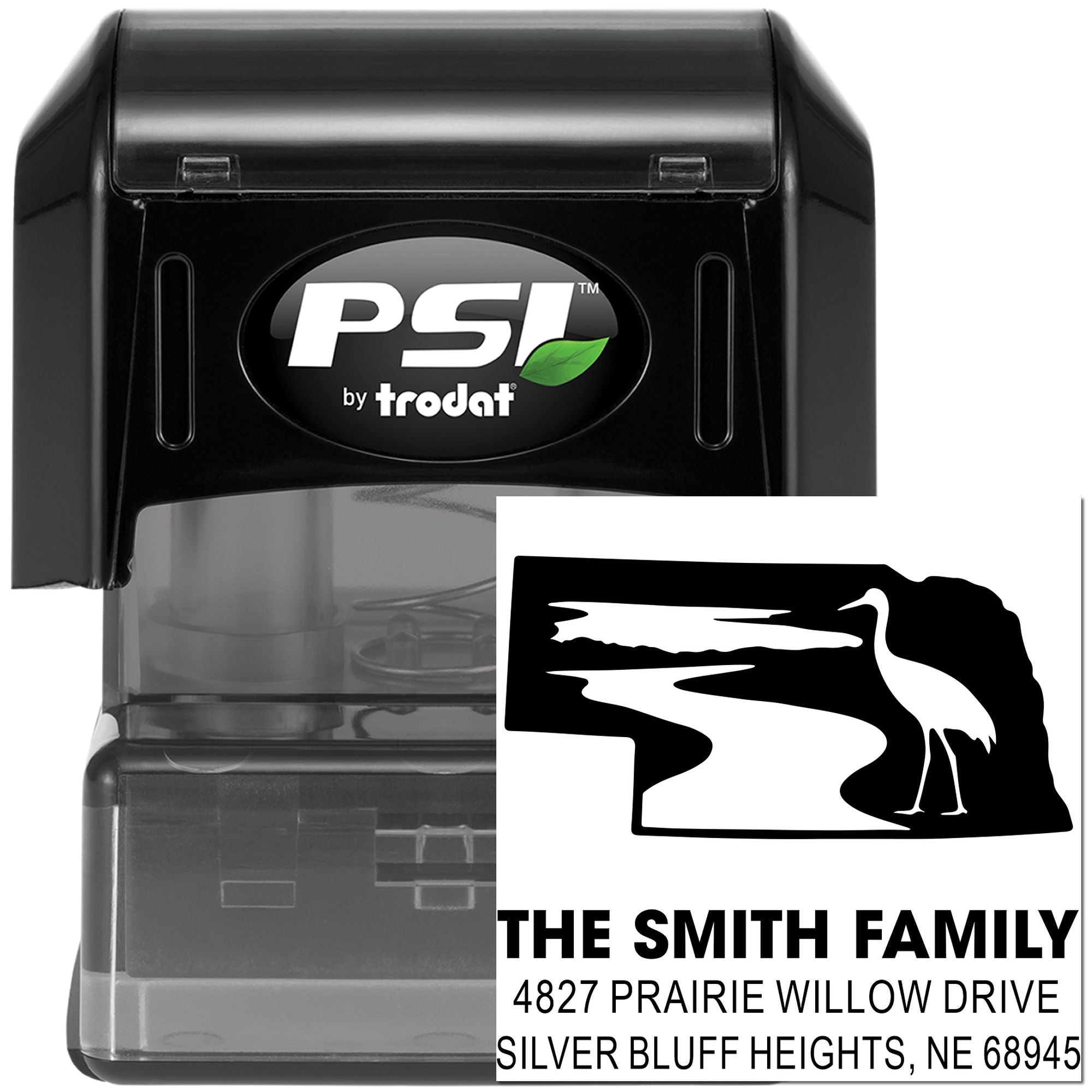 PSI by Trodat self-inking custom address rubber stamp for return mail, featuring family name and full address