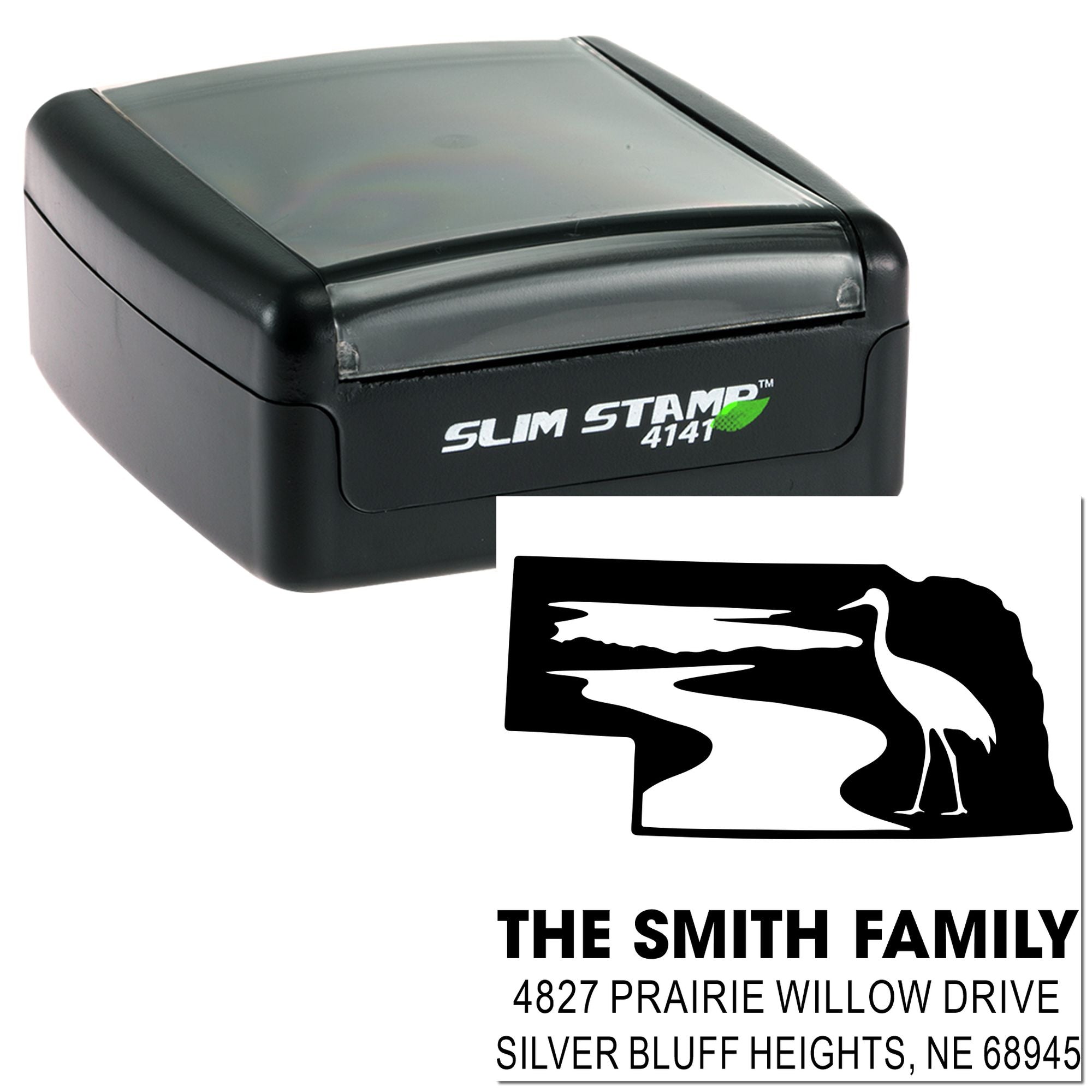 Custom self-inking rubber address stamp for The Smith Family, with personalized return address and nature-themed design.