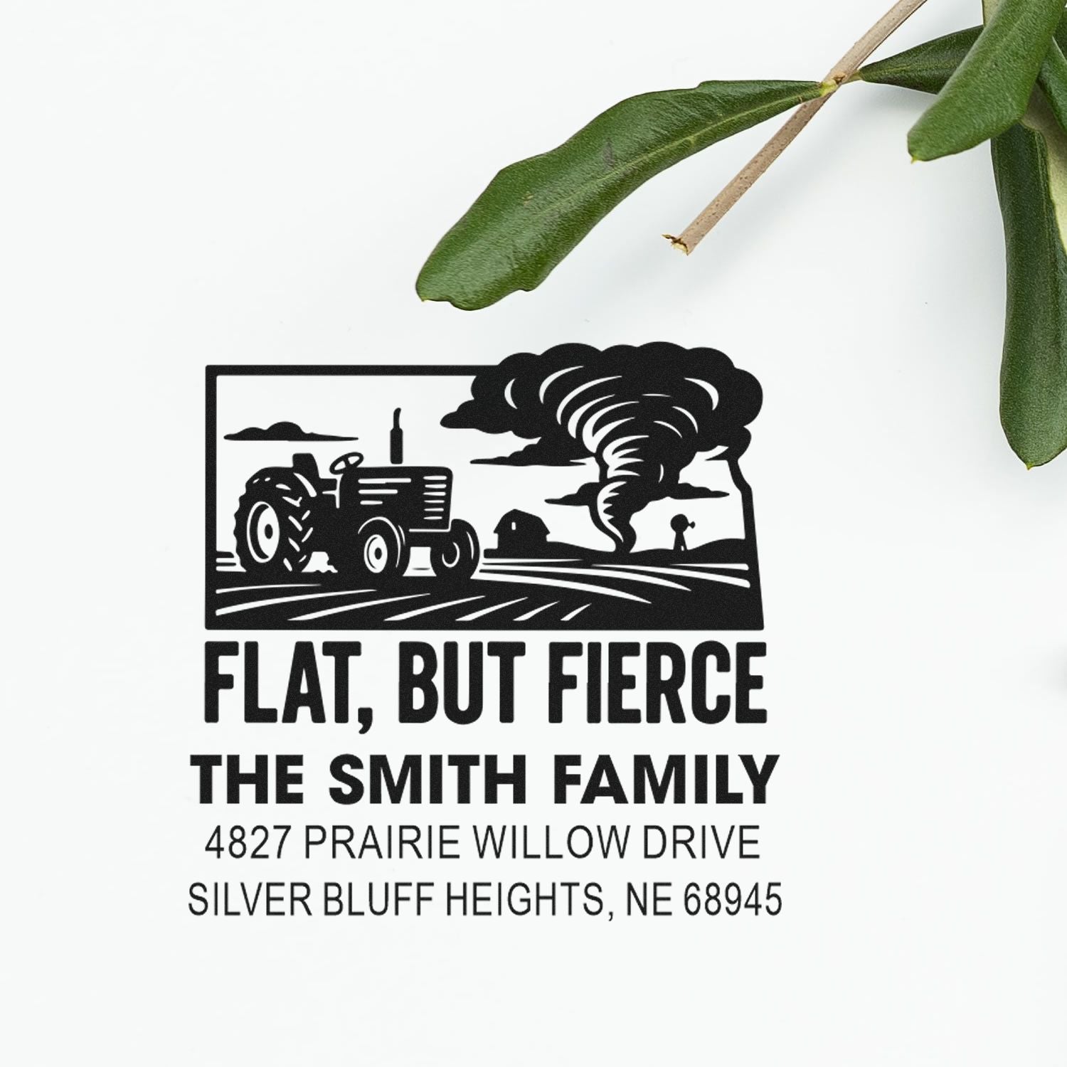 Custom rubber stamp with tractor and tornado design, personalized Flat, But Fierce Smith family address stamp.