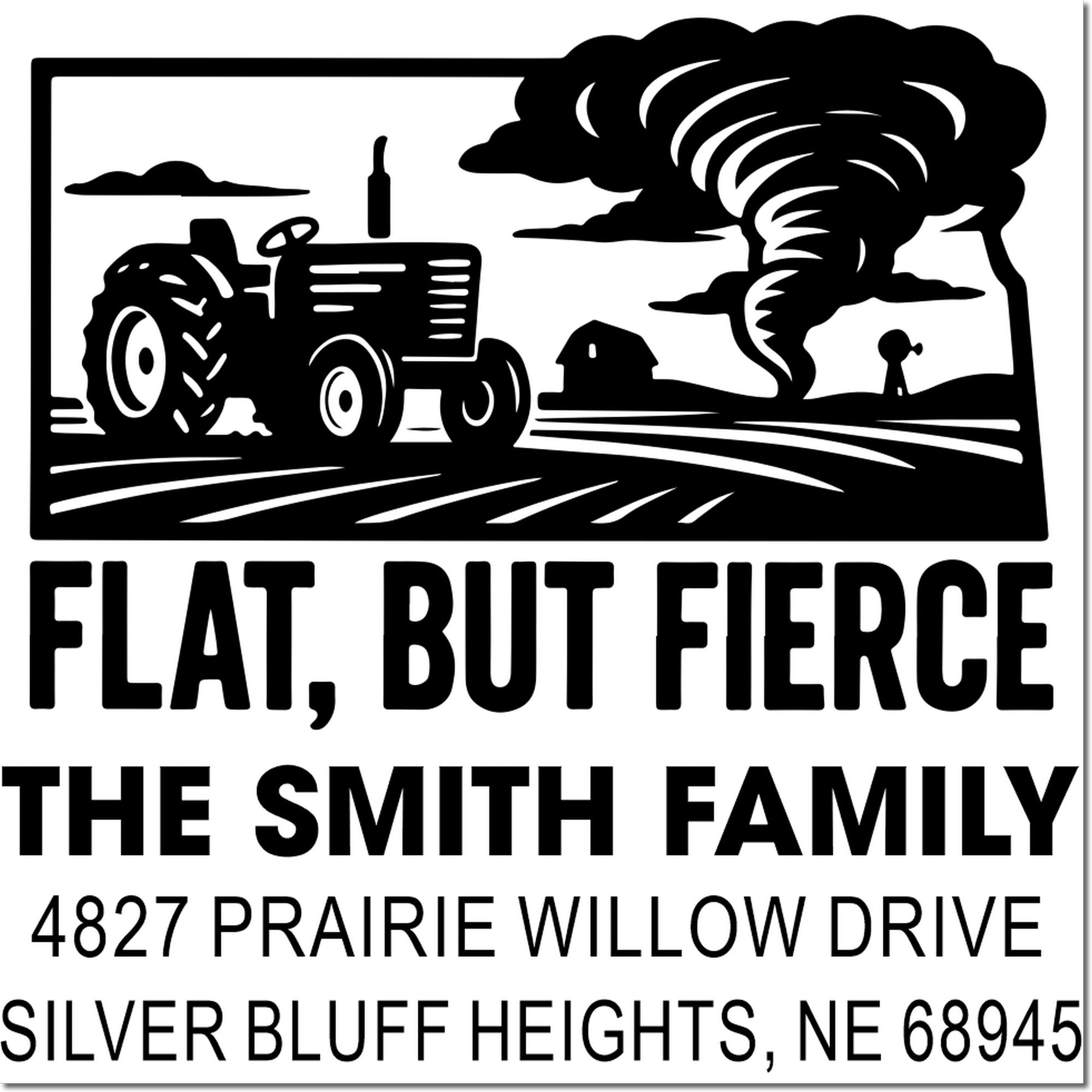 Custom farm address rubber stamp for The Smith Family, with tractor and tornado design, Silver Bluff Heights, NE 68945.