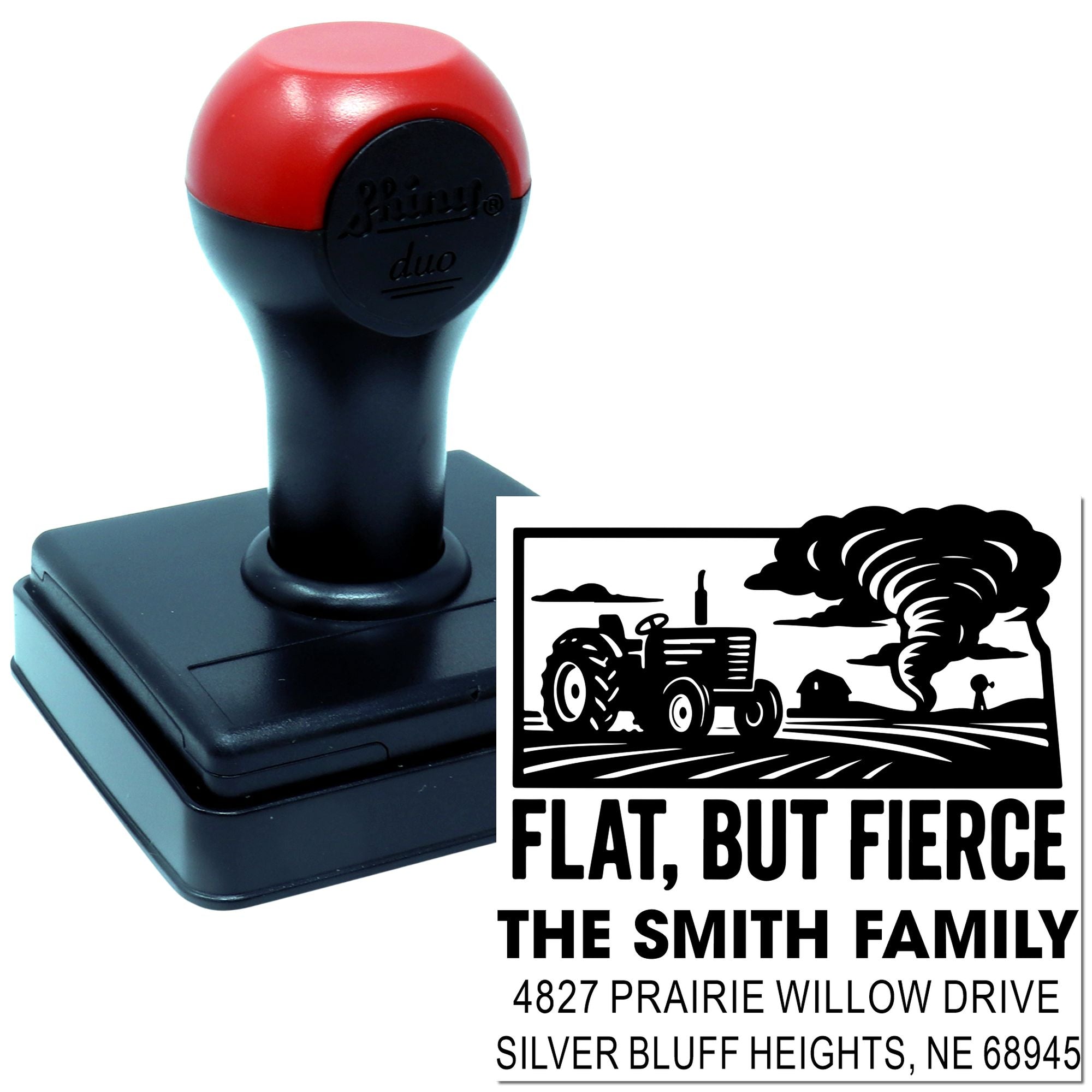 Custom self-inking rubber stamp with farm tractor and tornado design for The Smith Family return address stamp.