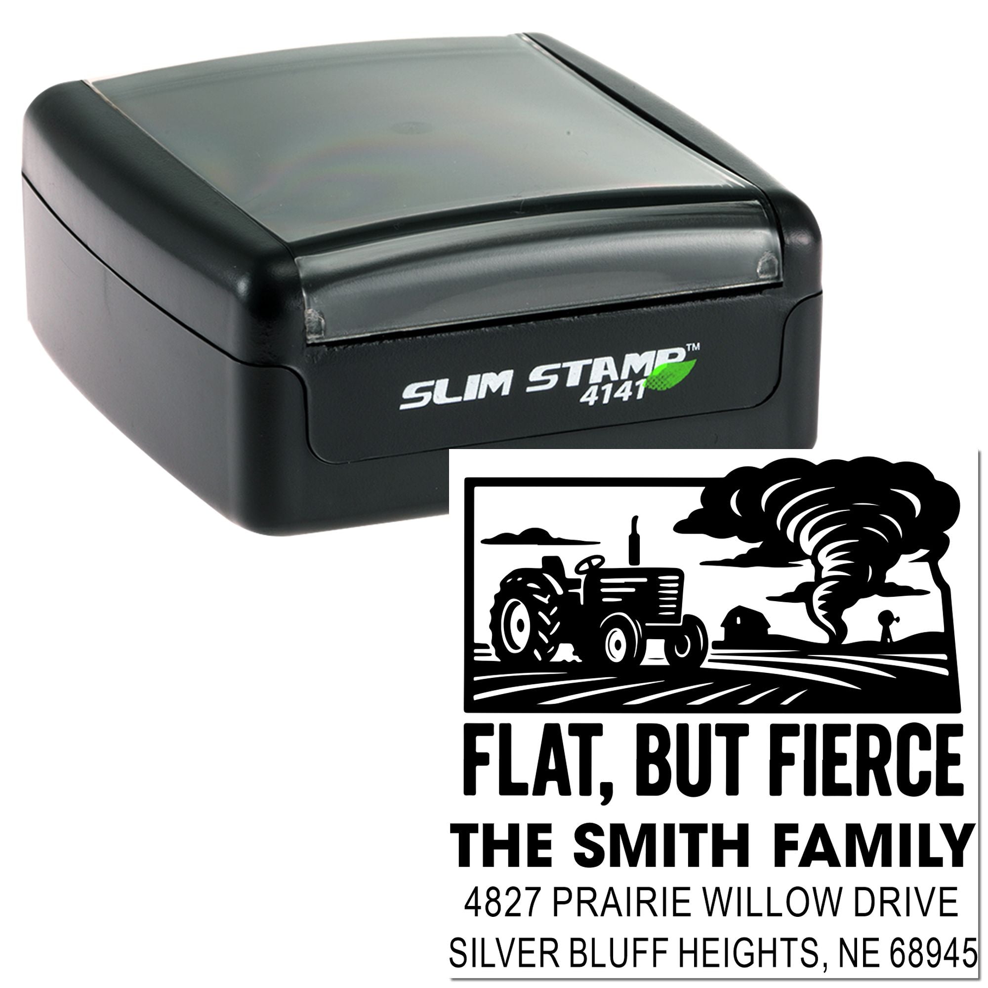 Custom slim self-inking rubber stamp with farm tractor design and The Smith Family return address.