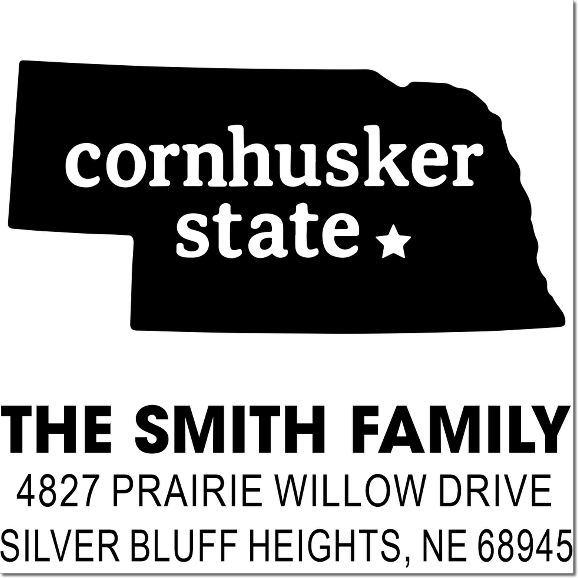 Personalized Nebraska Cornhusker State return address stamp for The Smith Family, Silver Bluff Heights, NE.