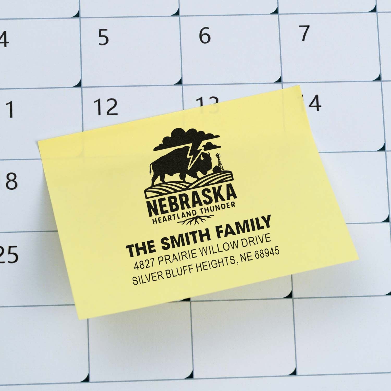 Custom Nebraska return address rubber stamp with buffalo logo, personalized family address stamp for mailings.