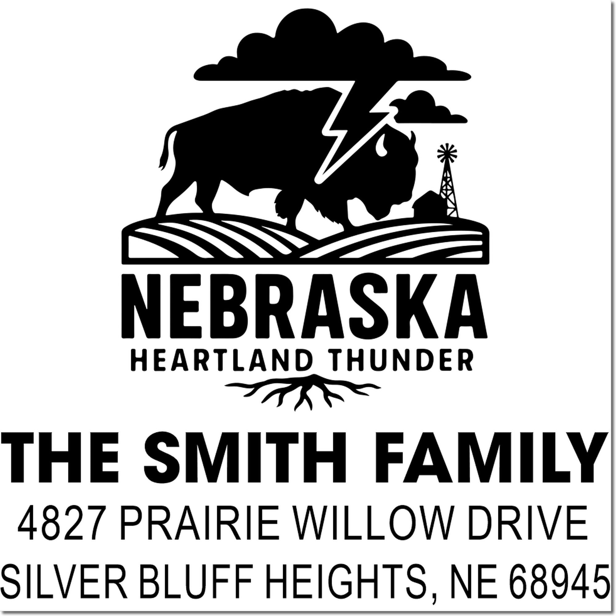 Custom Nebraska return address rubber stamp for The Smith Family, featuring buffalo, farm fields, and Silver Bluff Heights address.