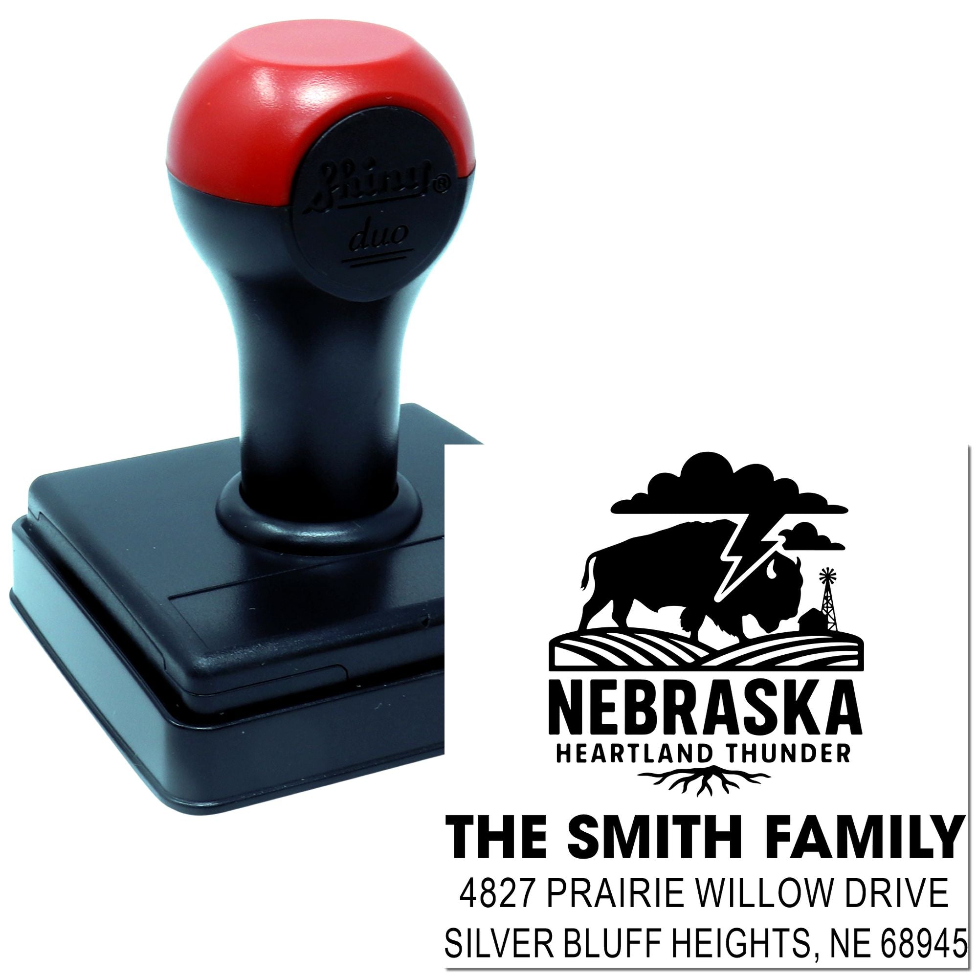 Custom Nebraska address rubber stamp for The Smith Family, featuring Heartland Thunder design and personalized home address.