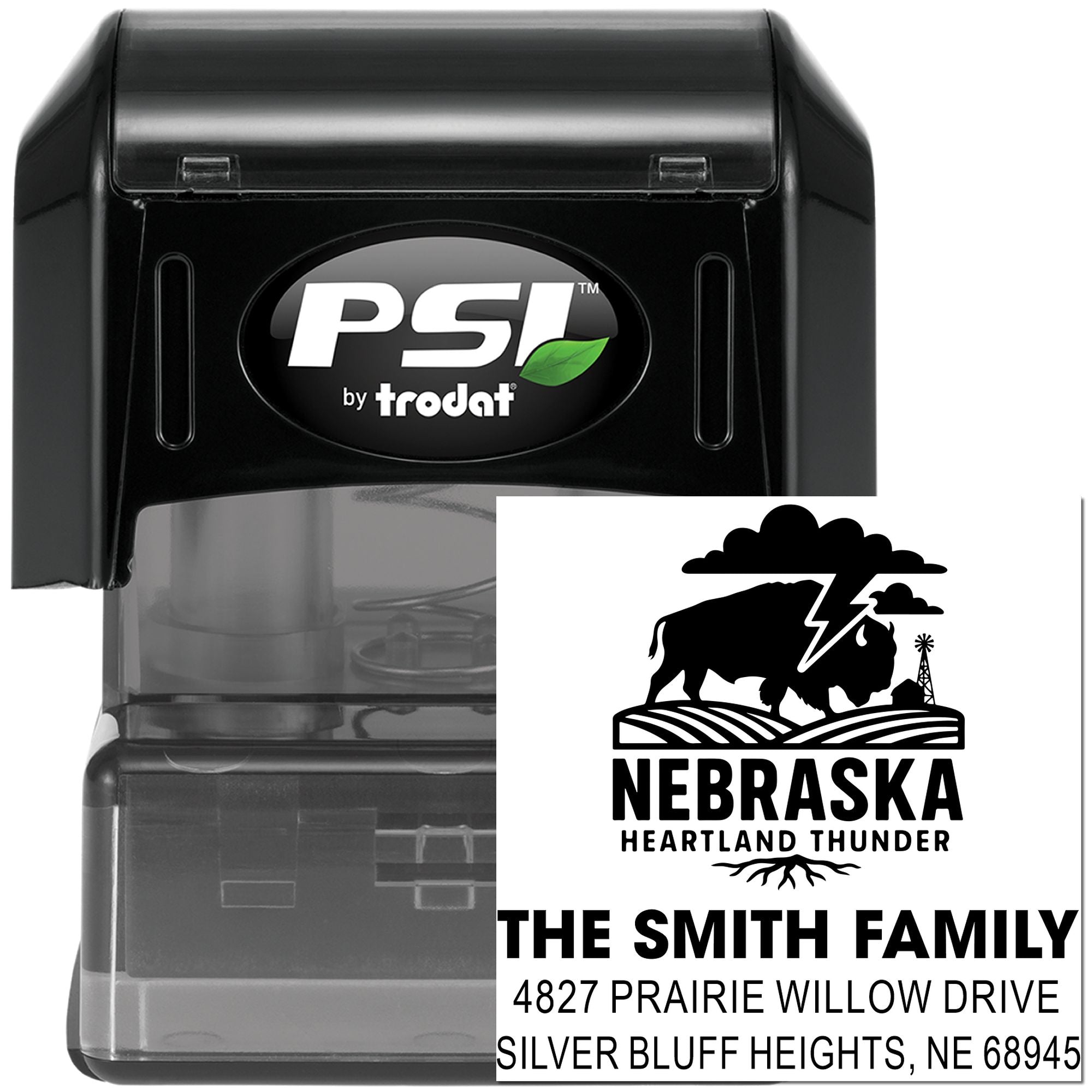 Custom Nebraska Heartland Thunder self-inking rubber stamp by PSI Trodat for The Smith Family address and return mail.