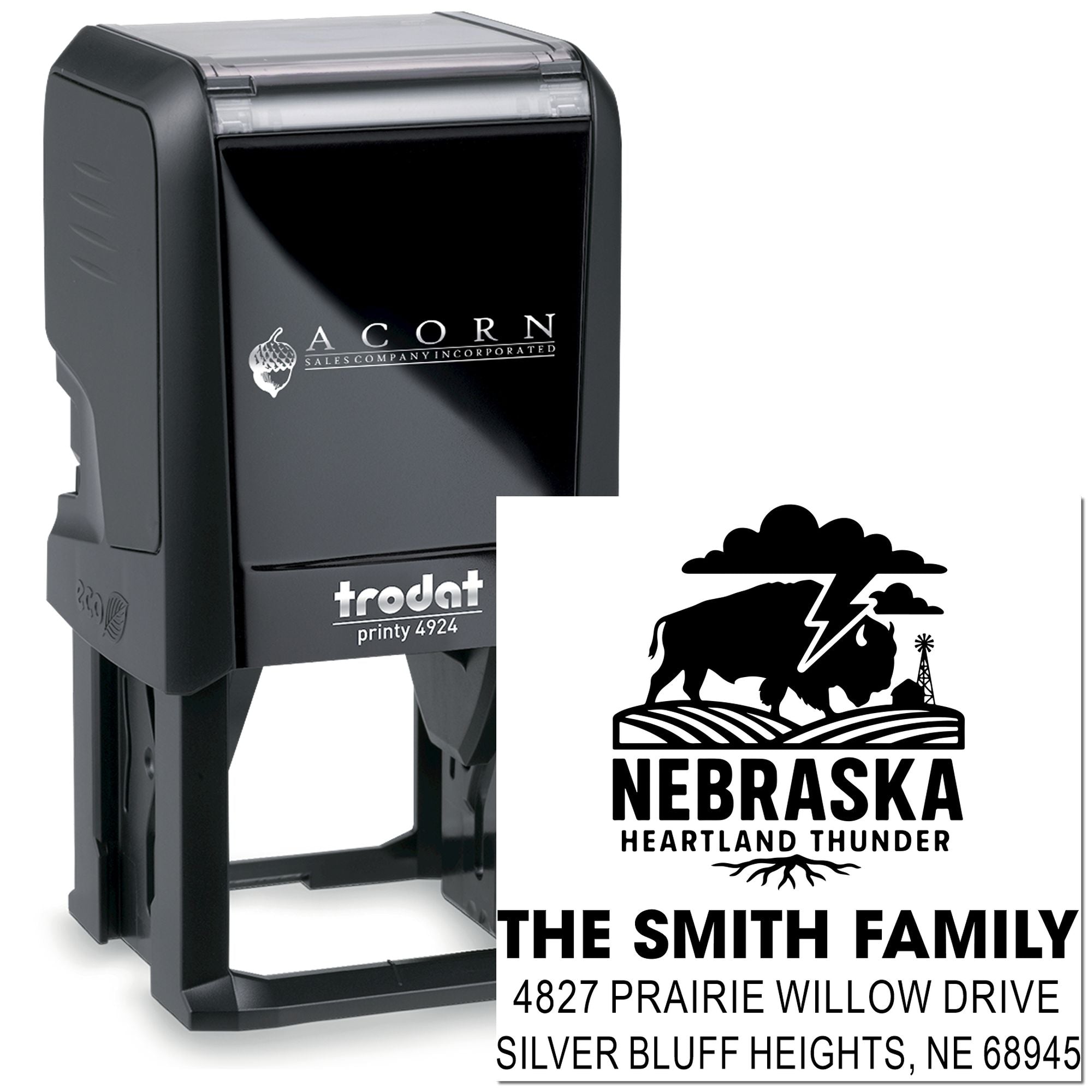 Trodat Printy 4924 self-inking custom rubber stamp with Nebraska bison logo, family name, and address for return mail.