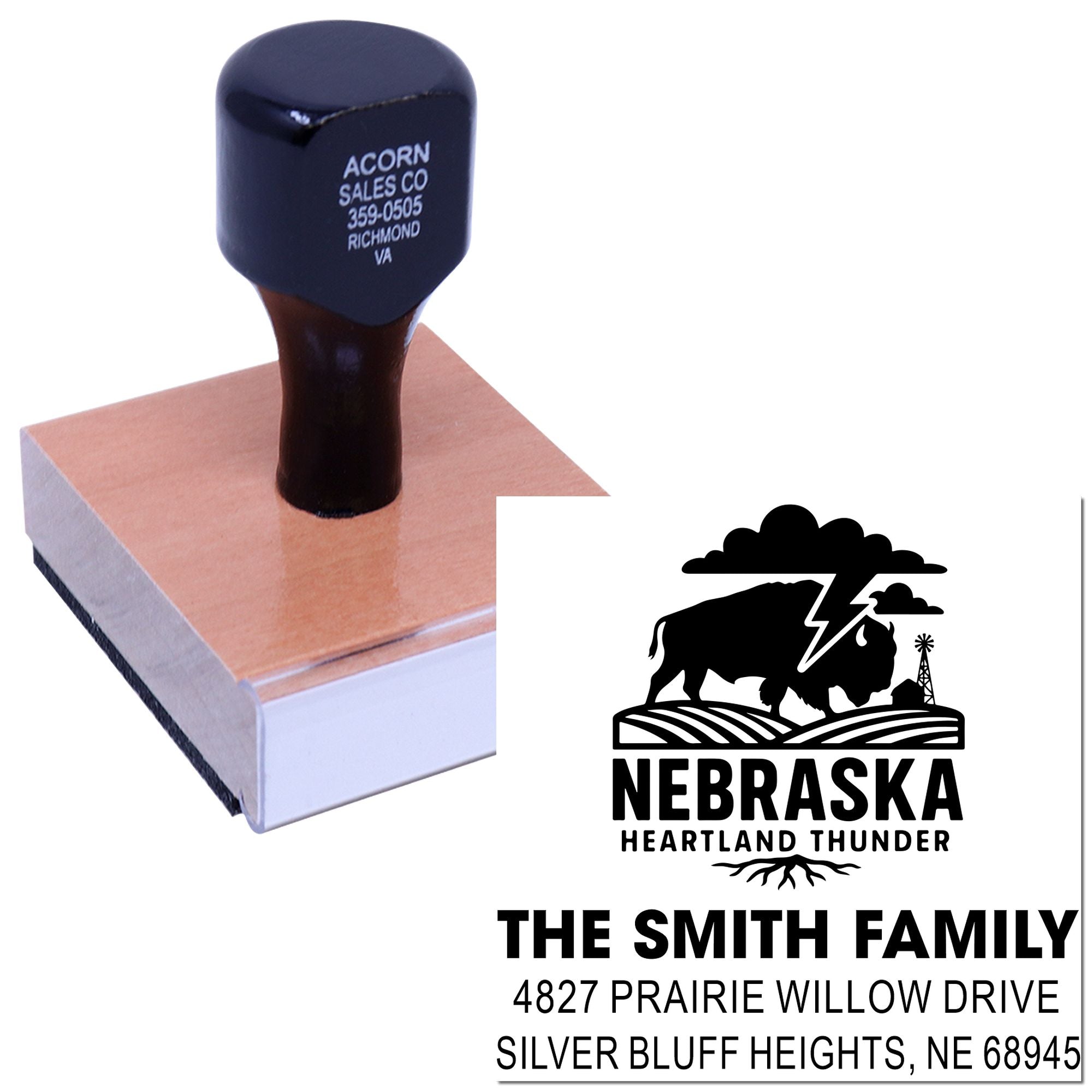 Custom rubber stamp for Nebraska family address, featuring bison logo and storm graphic, shown with stamp impression.