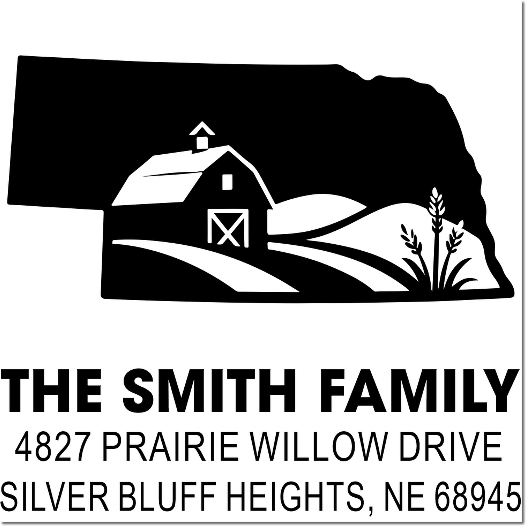 Custom farm return address rubber stamp with barn silhouette for The Smith Family, Silver Bluff, NE 68945