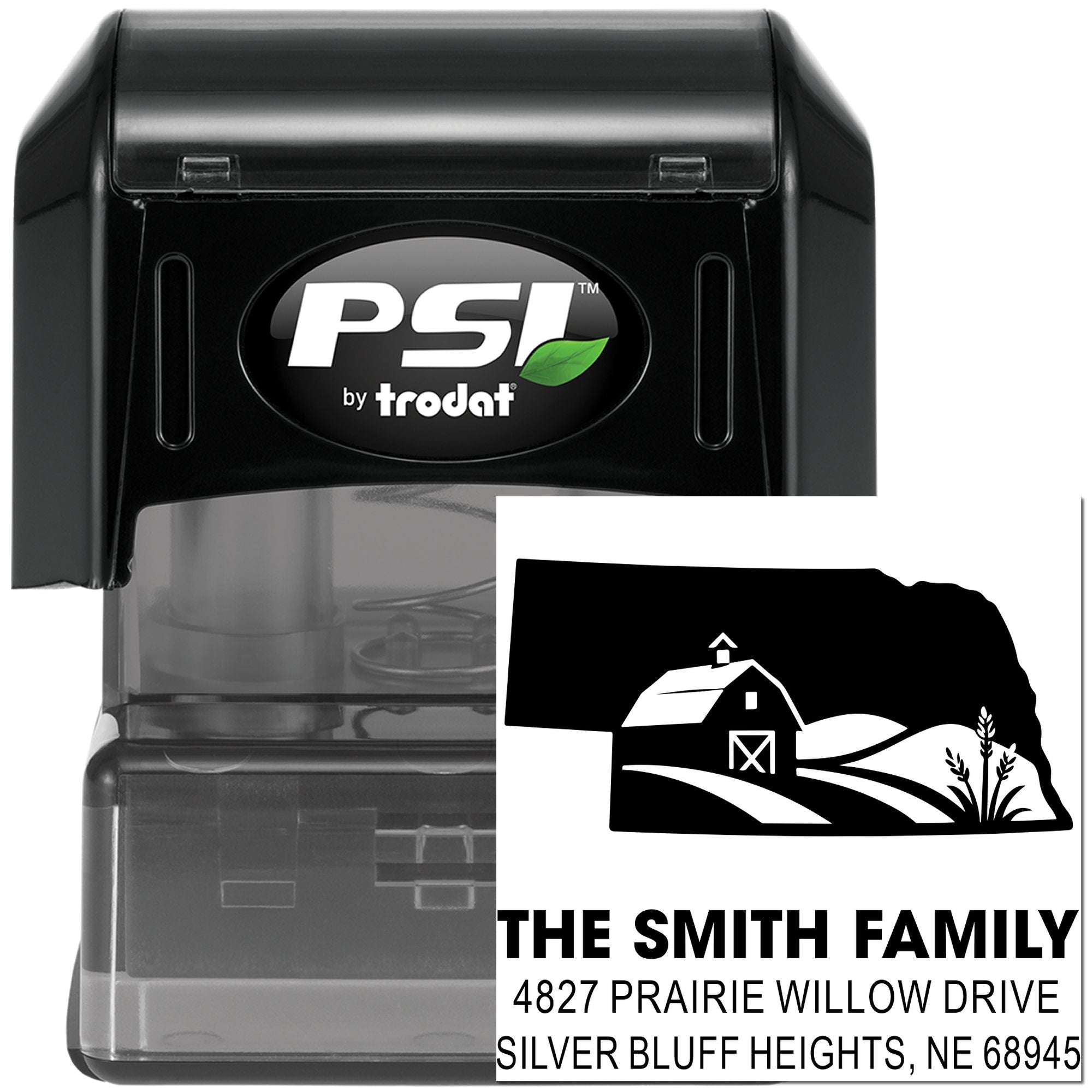 Custom self-inking return address rubber stamp by PSI Trodat with farm silhouette and family name address imprint.