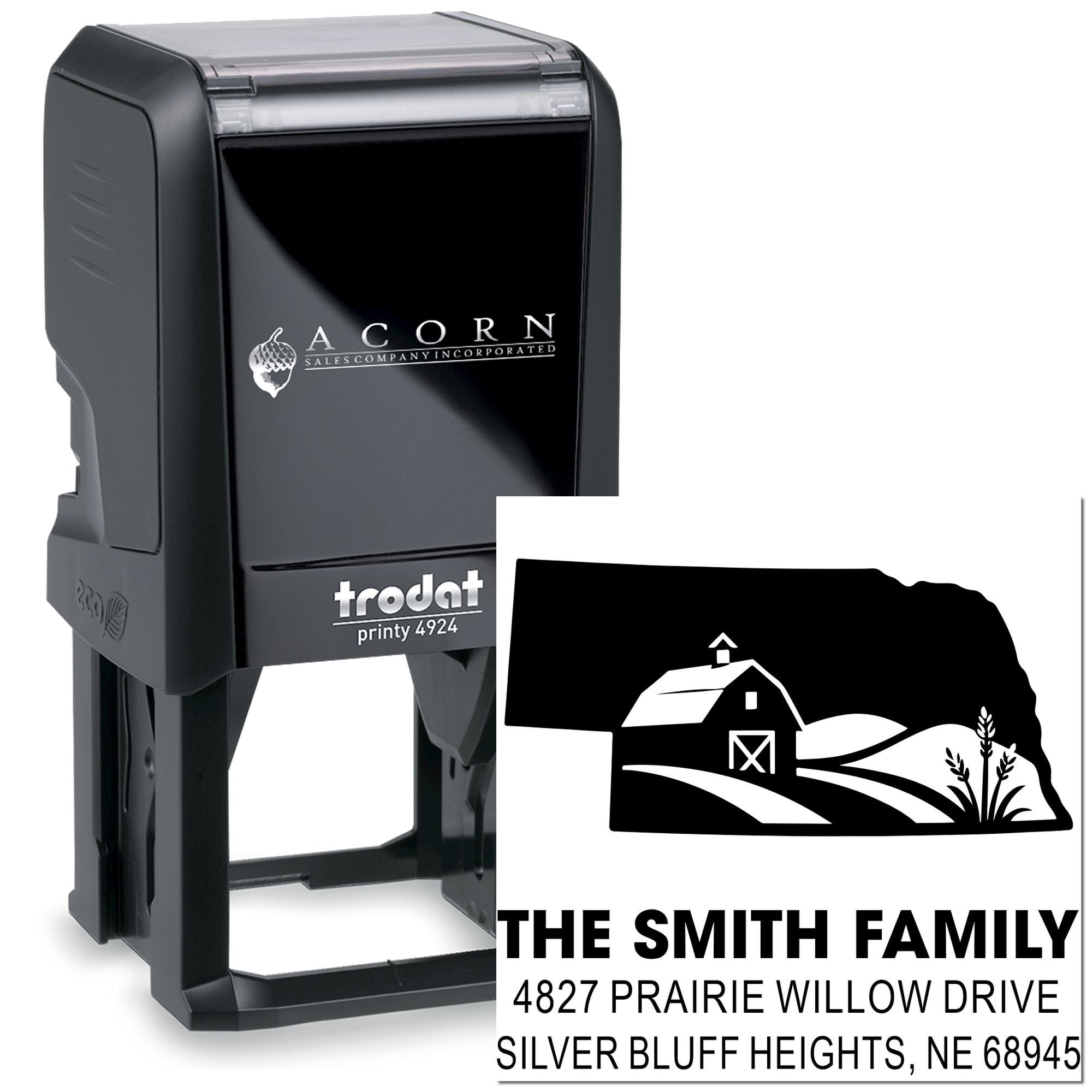Custom self-inking rubber address stamp with farm design for The Smith Family, ideal for personalized mailing.