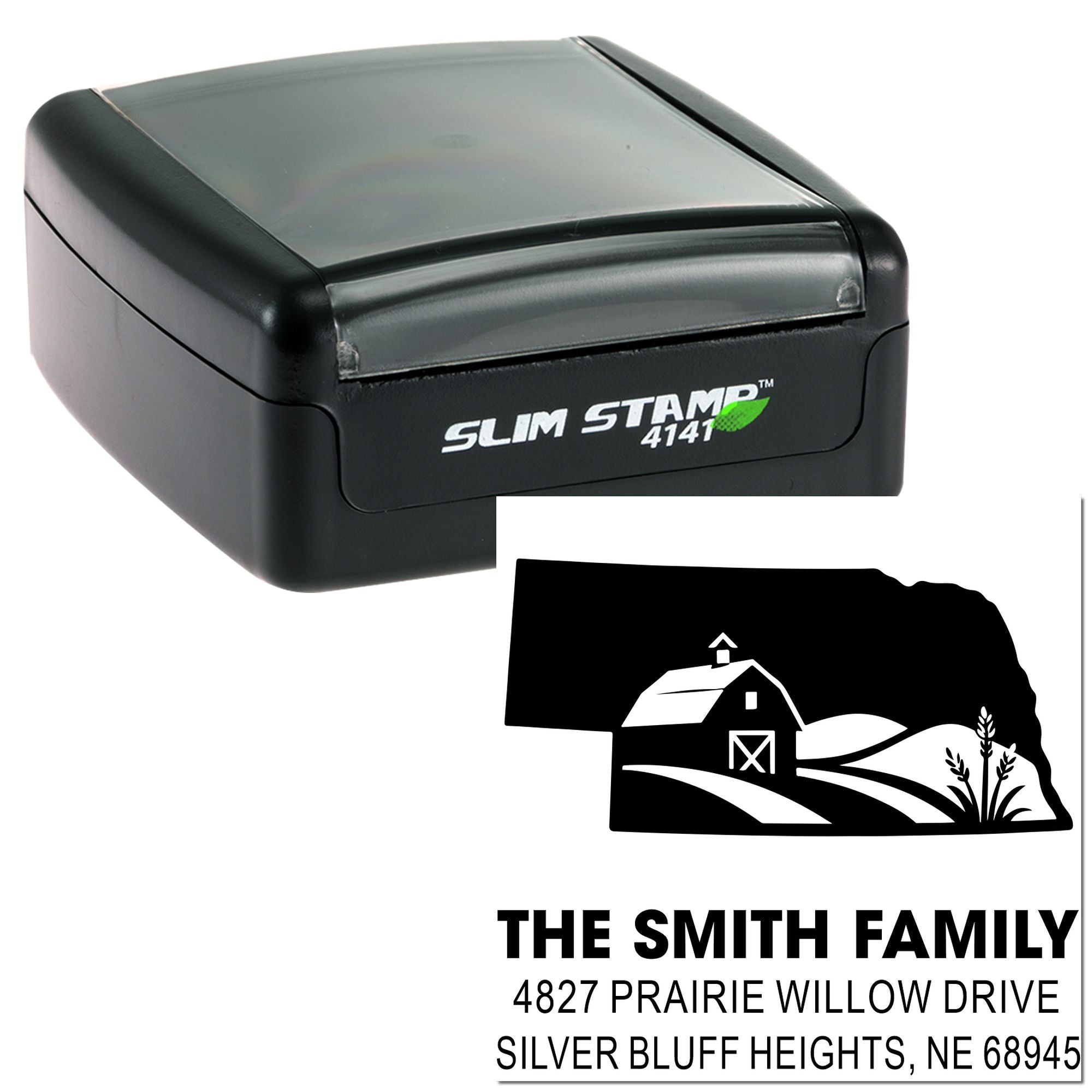 Slim Stamp self-inking address rubber stamp with farm logo and The Smith Family mailing address