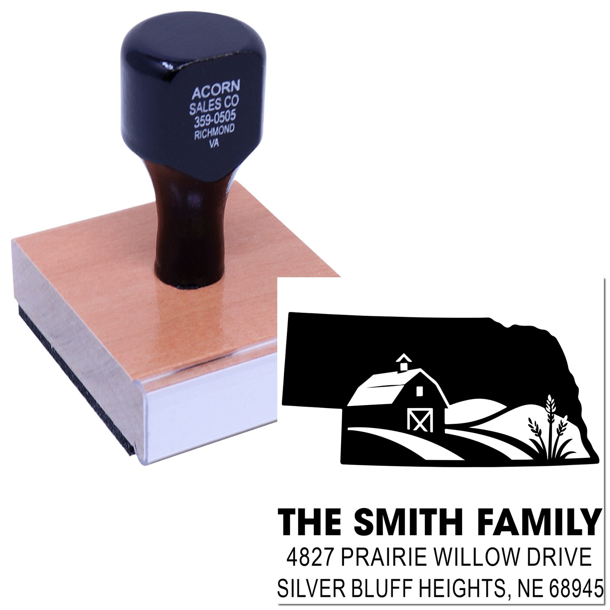 Custom self-inking rubber address stamp with farm logo and return address for The Smith Family.