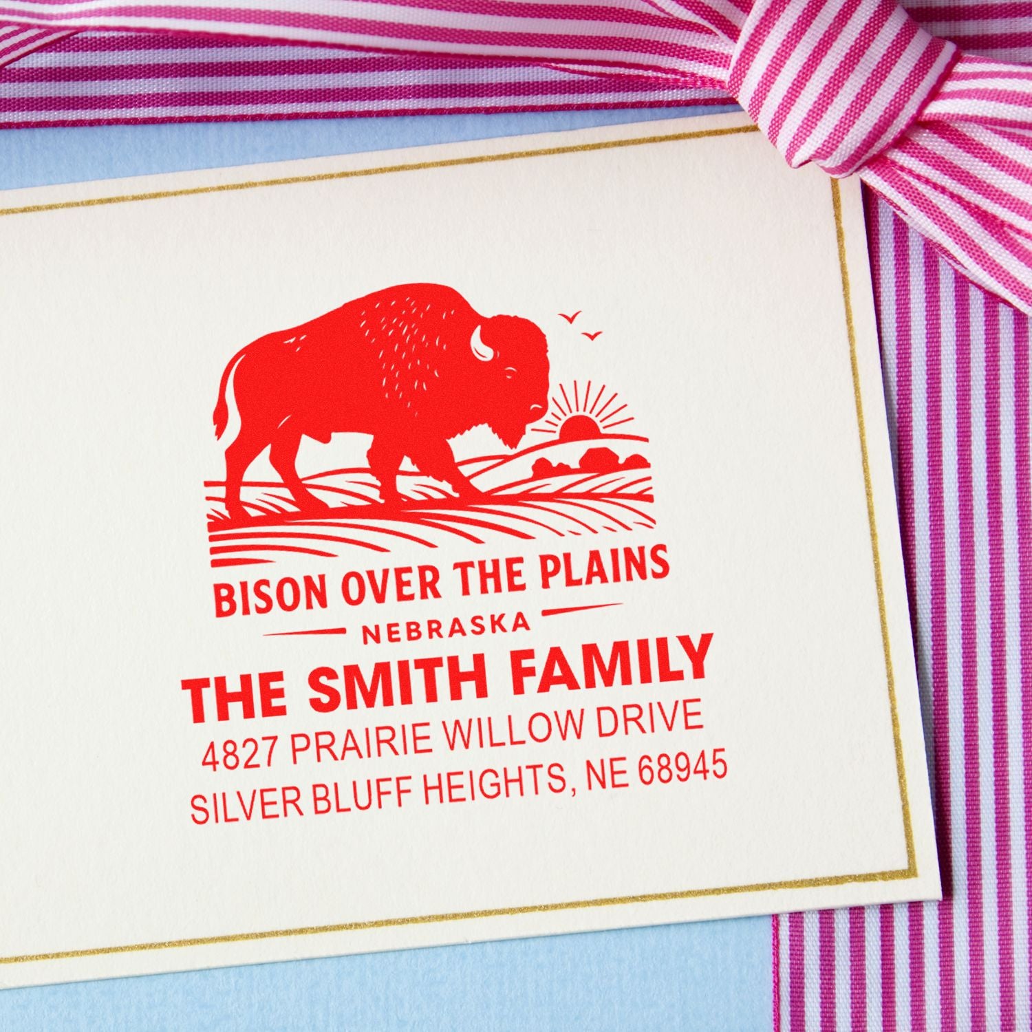 Custom bison return address rubber stamp for The Smith Family, Nebraska home address stamp.