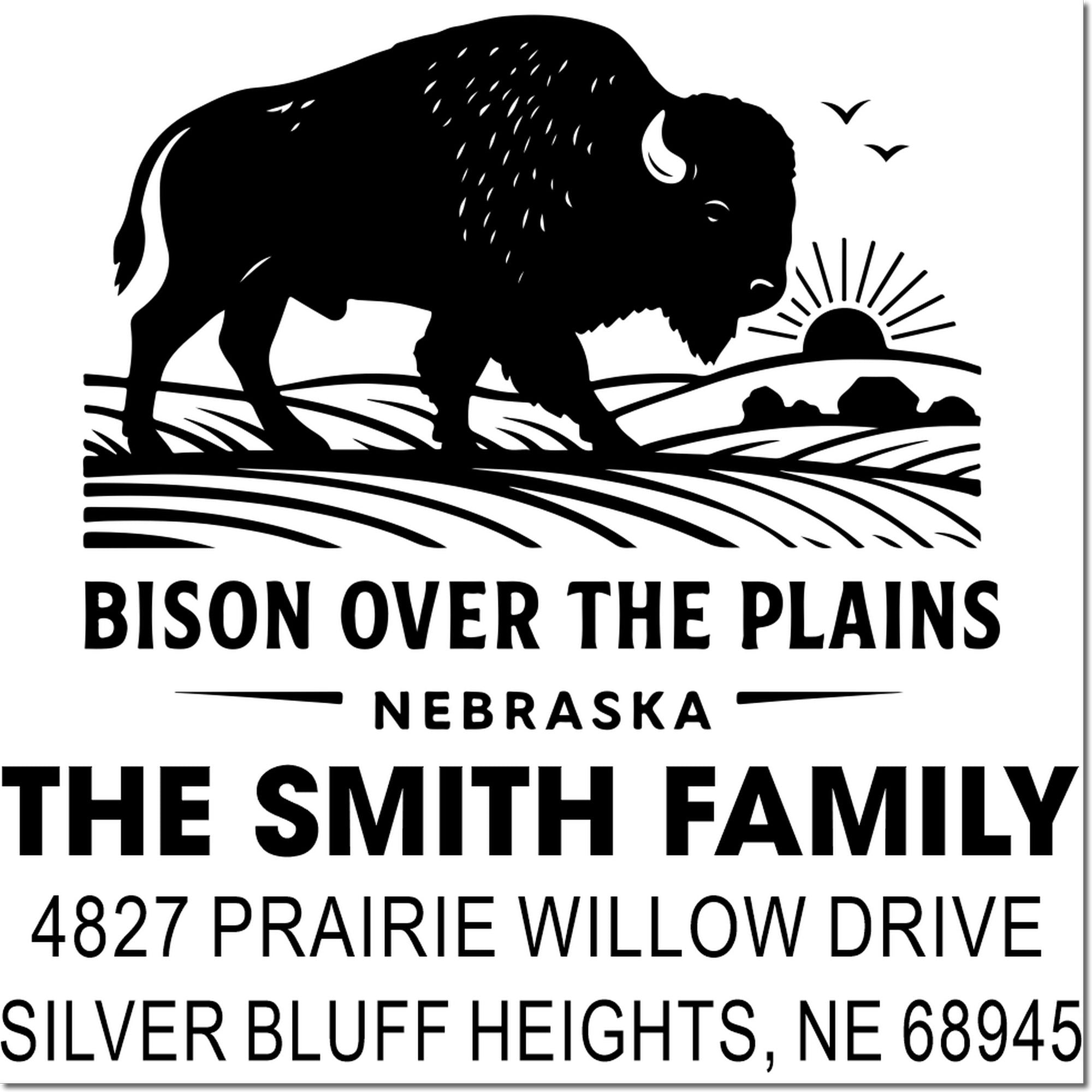 Custom Nebraska bison address rubber stamp for The Smith Family, featuring Prairie Willow Drive and Silver Bluff Heights return address.