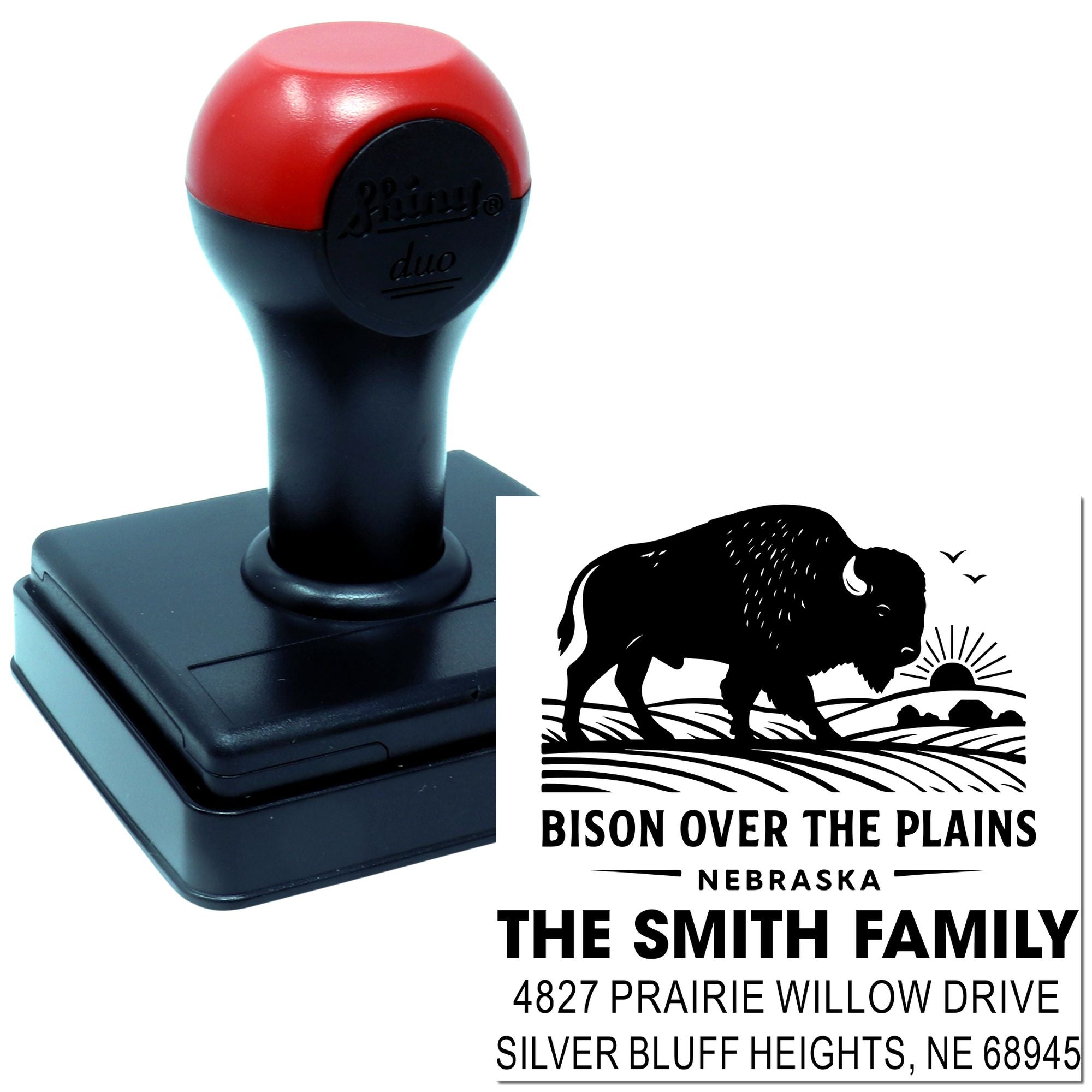 Custom self-inking rubber address stamp with Nebraska bison design and family return address for personalized mailing.
