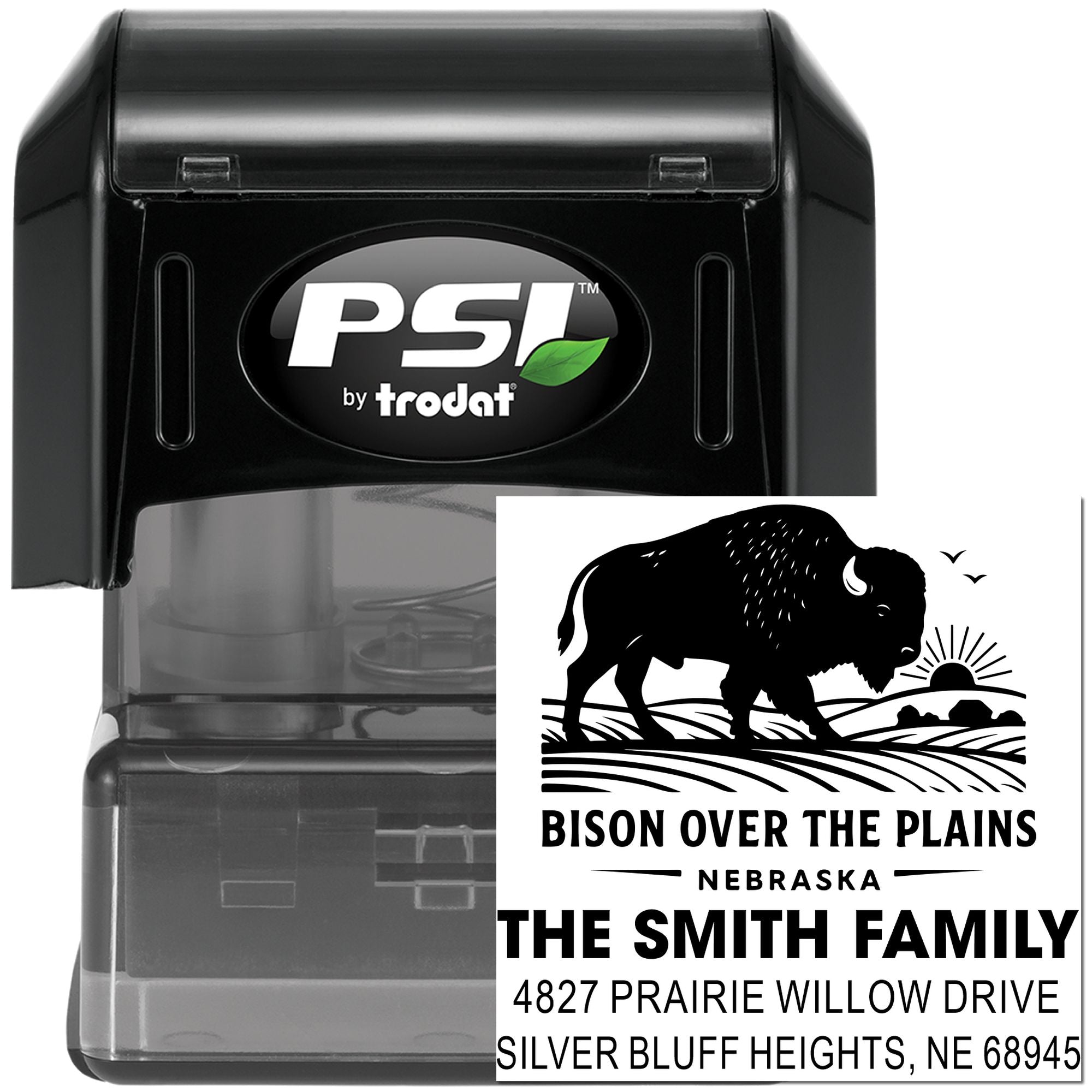 Custom self-inking rubber address stamp by PSI Trodat with Nebraska bison design for The Smith Family return address