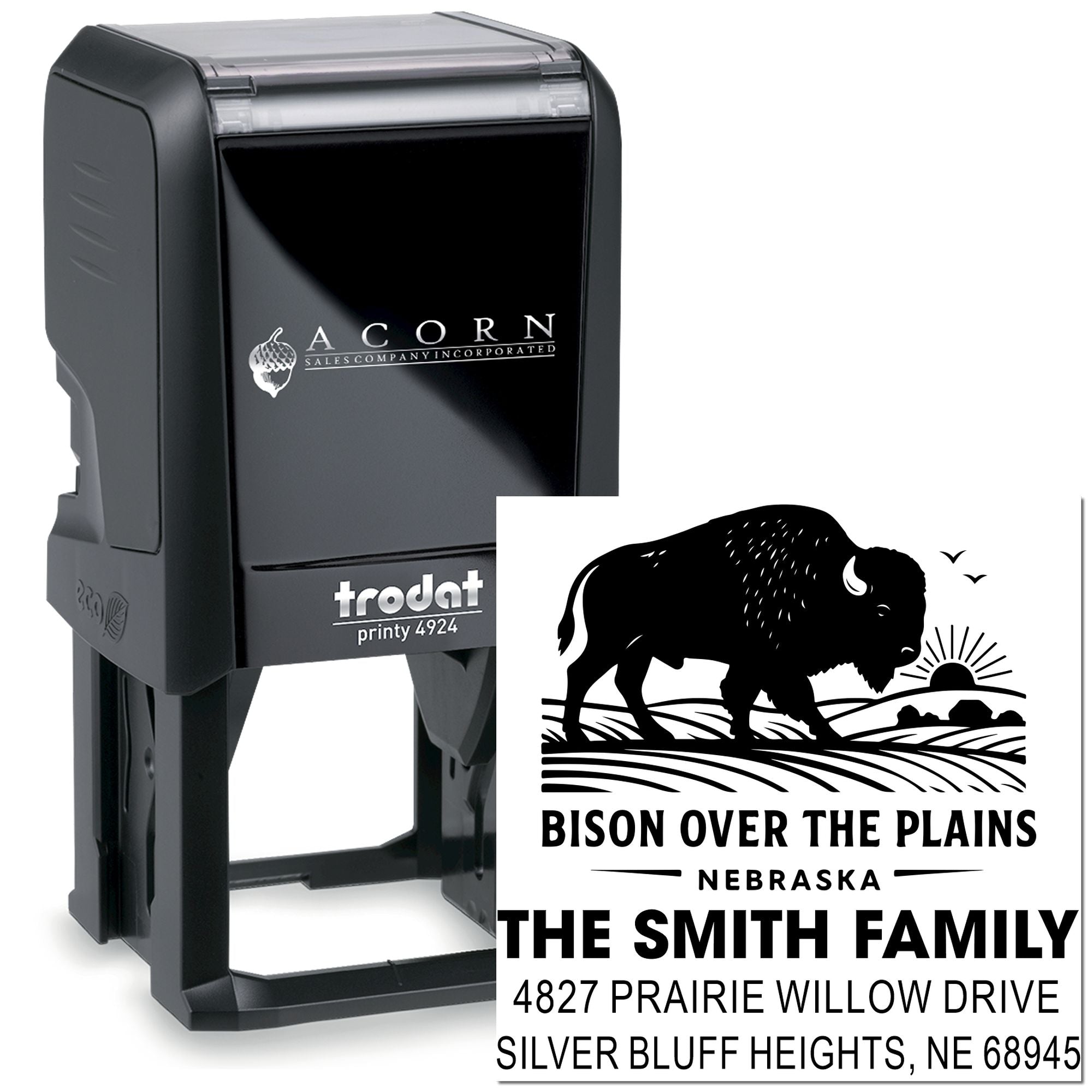 Personalized self-inking rubber stamp with bison logo, Nebraska return address, and family name for custom mailings