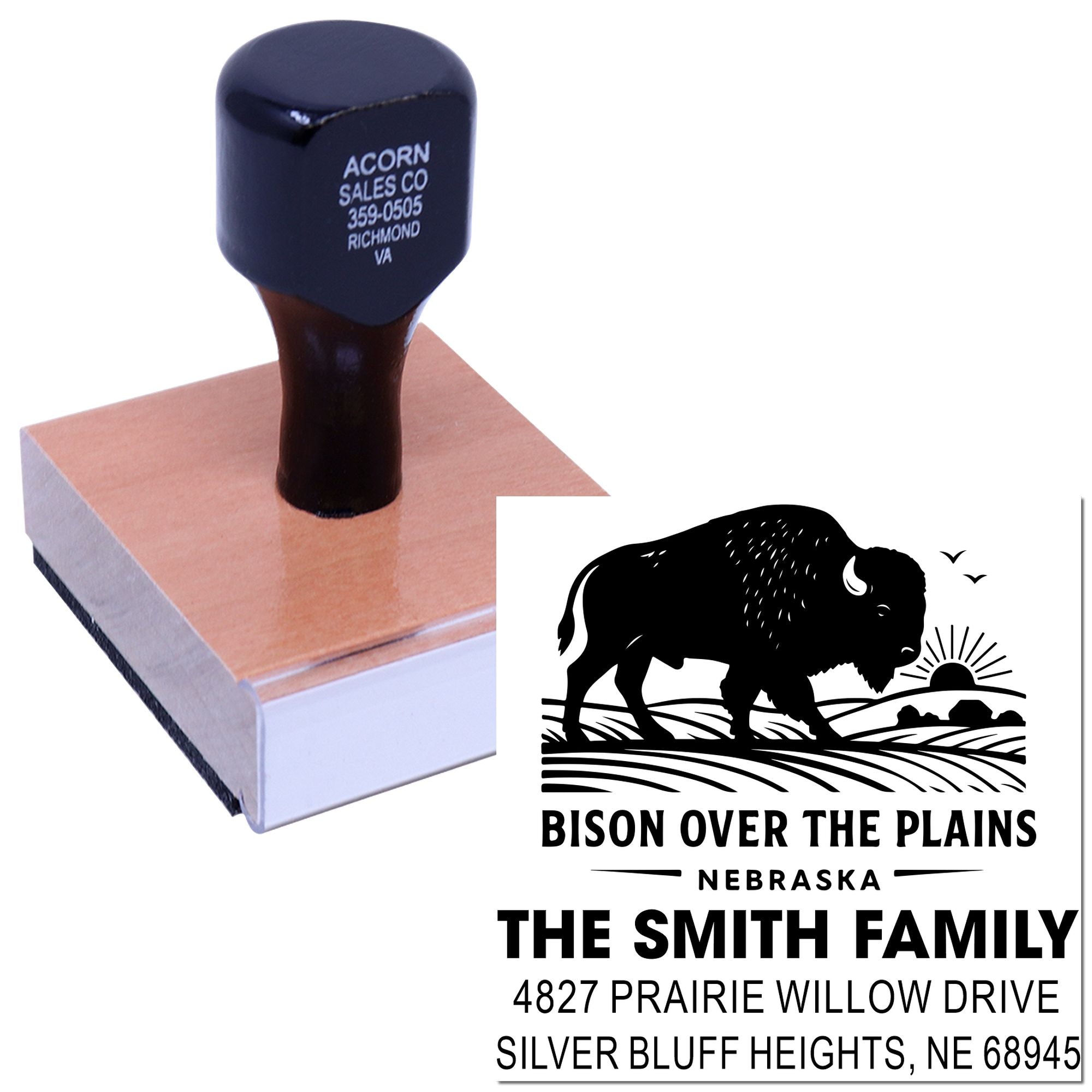 Custom rubber address stamp with Nebraska bison design, family name, and return address for personalized mailing and branding.