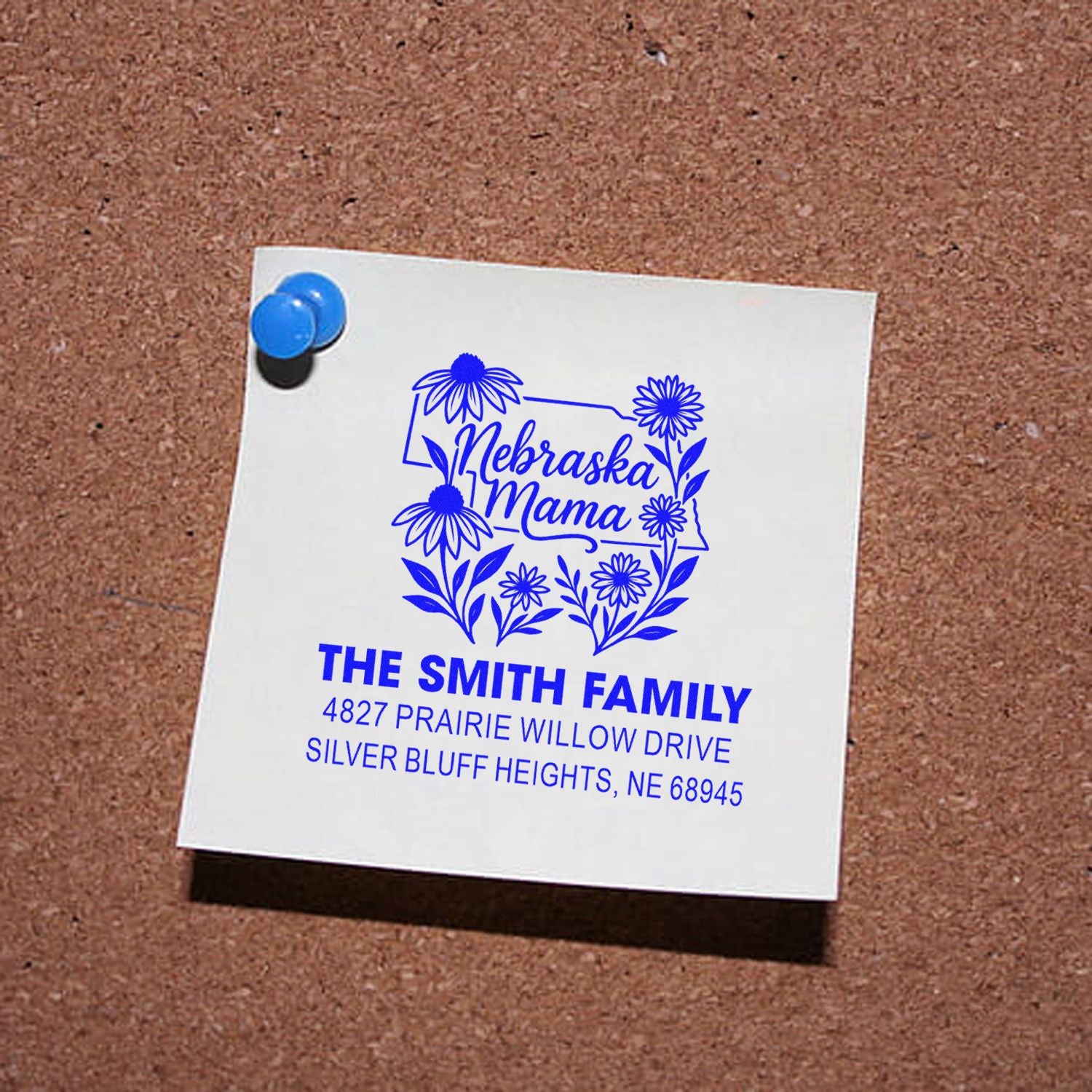 Custom Nebraska Mama rubber stamp with family name and return address for personalized mail and stationery.