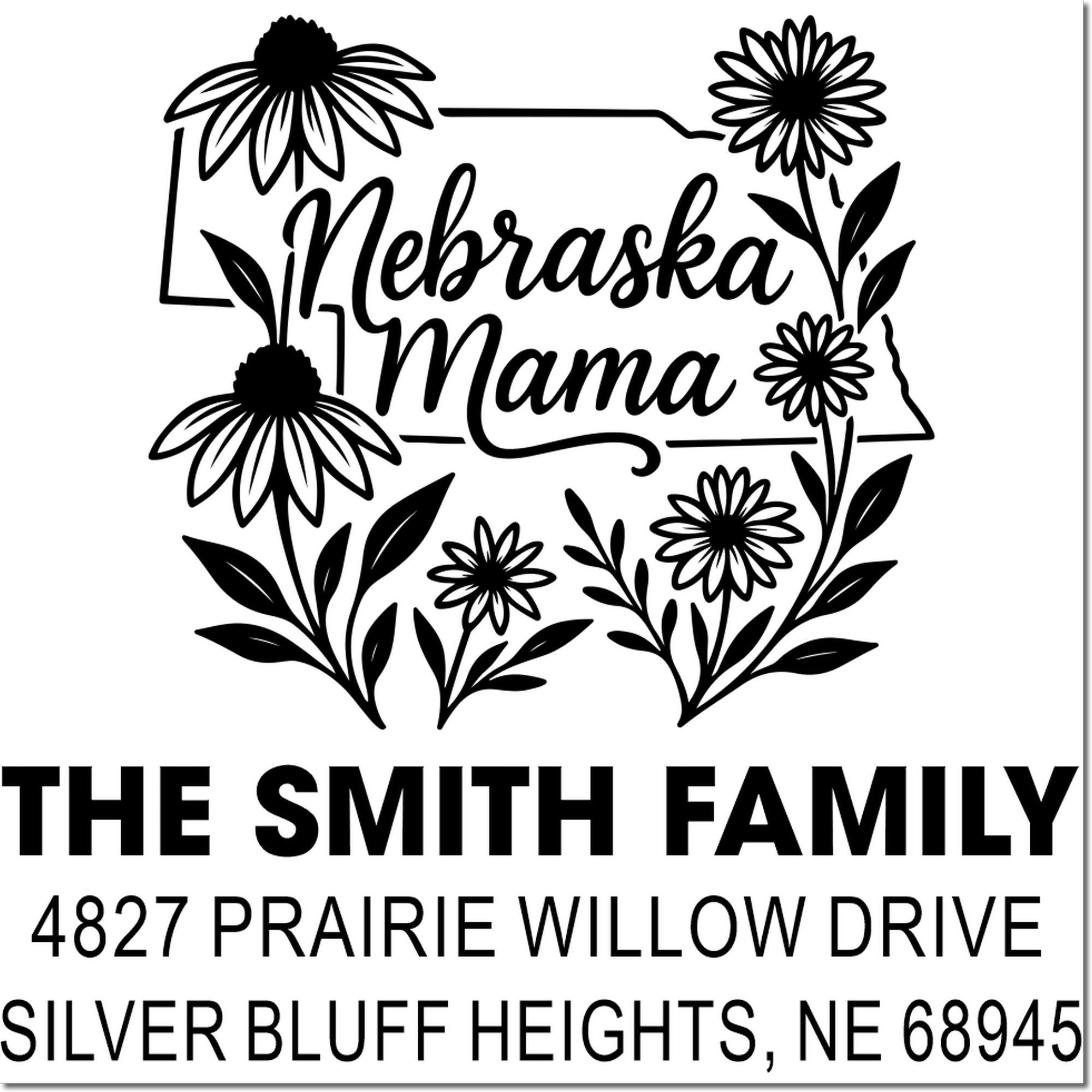 Custom Nebraska Mama return address rubber stamp with floral state design for The Smith Family, Silver Bluff Heights, NE
