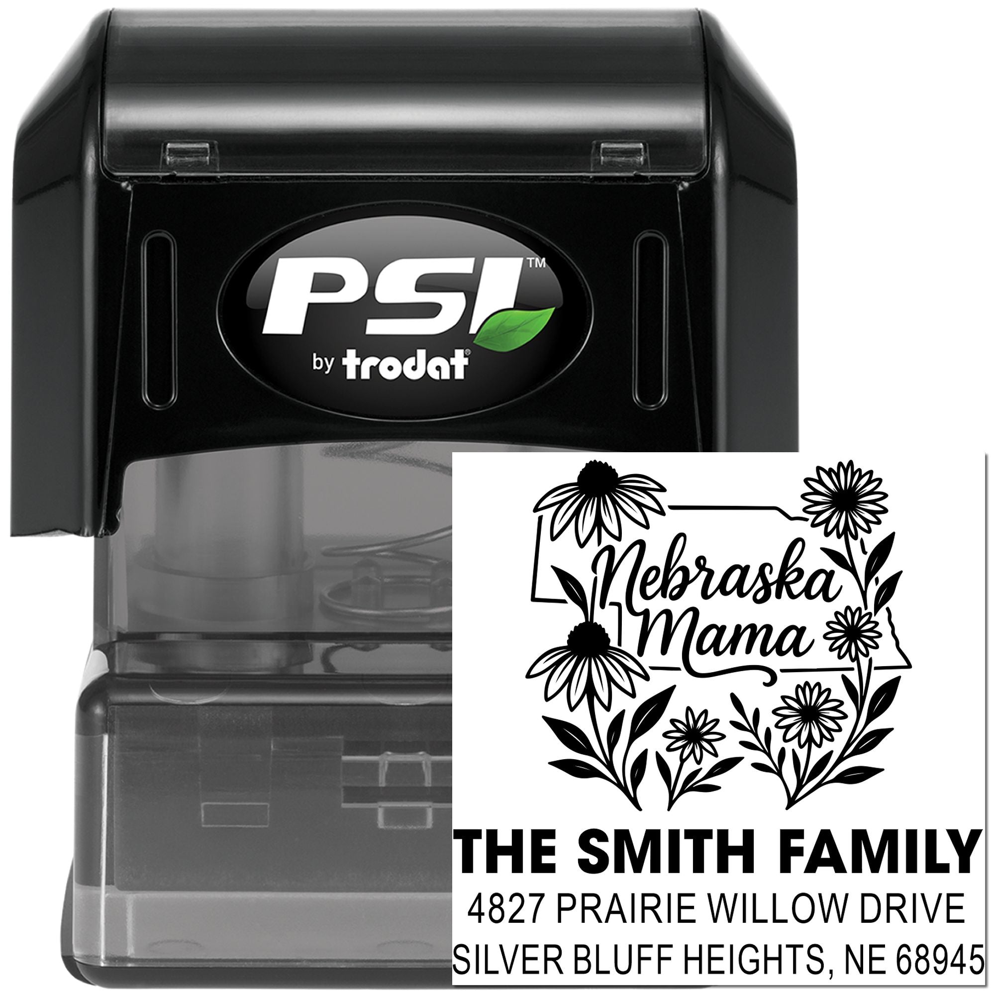 Custom Nebraska Mama floral address rubber stamp, self-inking PSI by Trodat, for family return address and mailing labels.