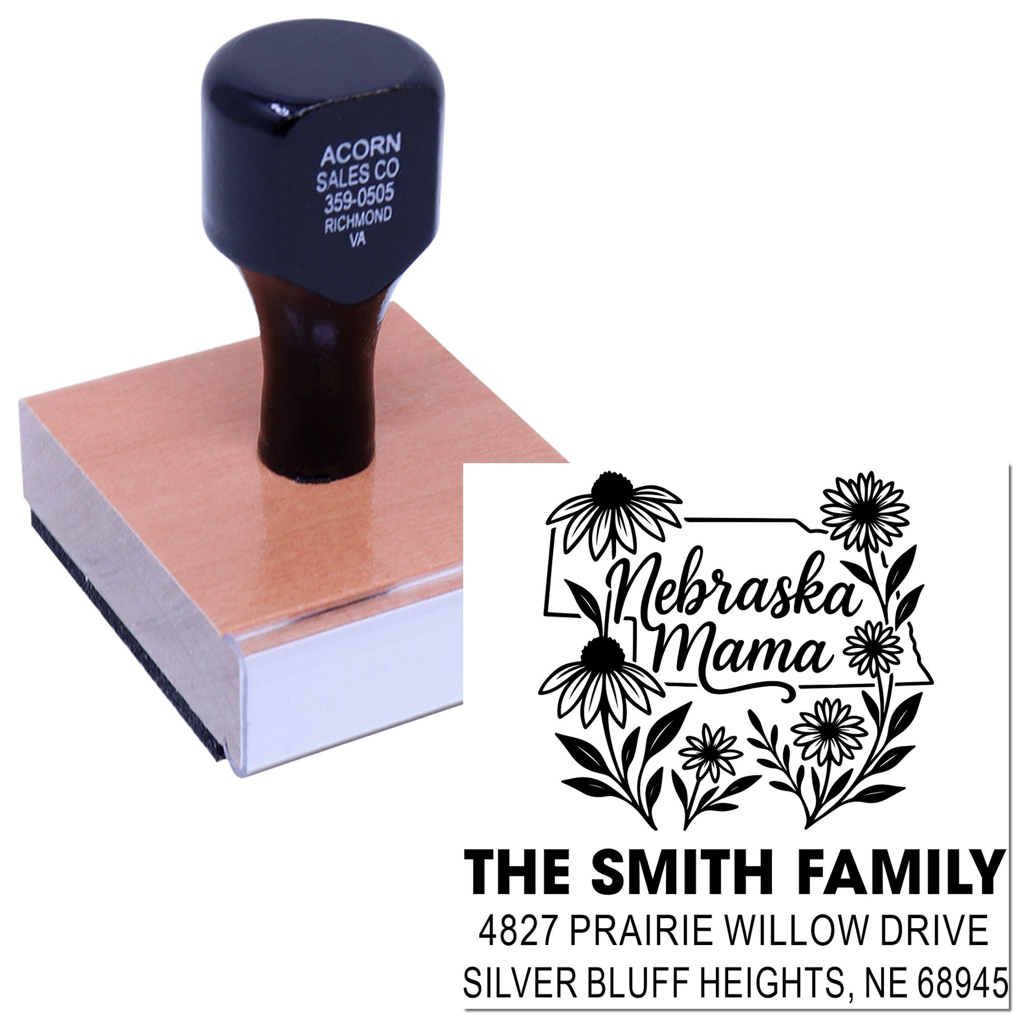Custom rubber address stamp with floral Nebraska Mama design and Smith family return address for personalized mailing