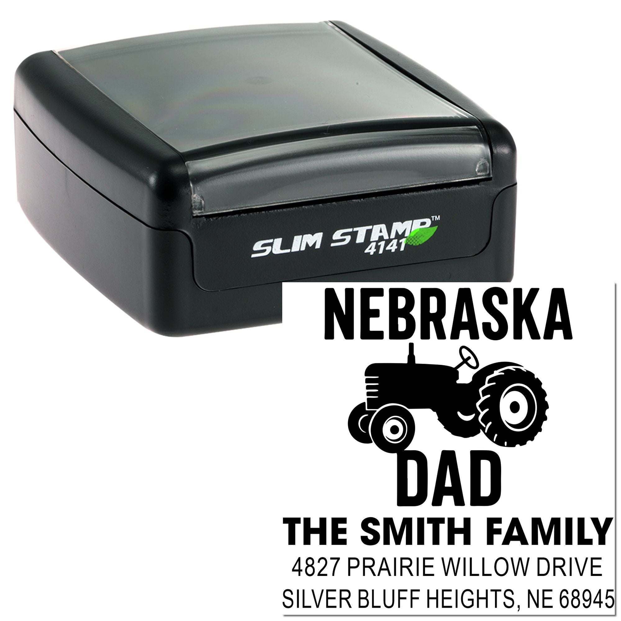 Custom self-inking rubber address stamp with Nebraska Dad tractor design, family name, and mailing address for personal use.