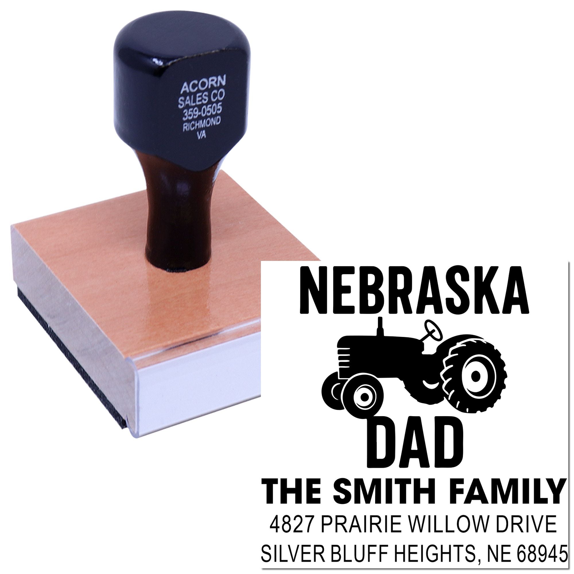 Custom Nebraska Dad return address rubber stamp with tractor design for personalized family mail.