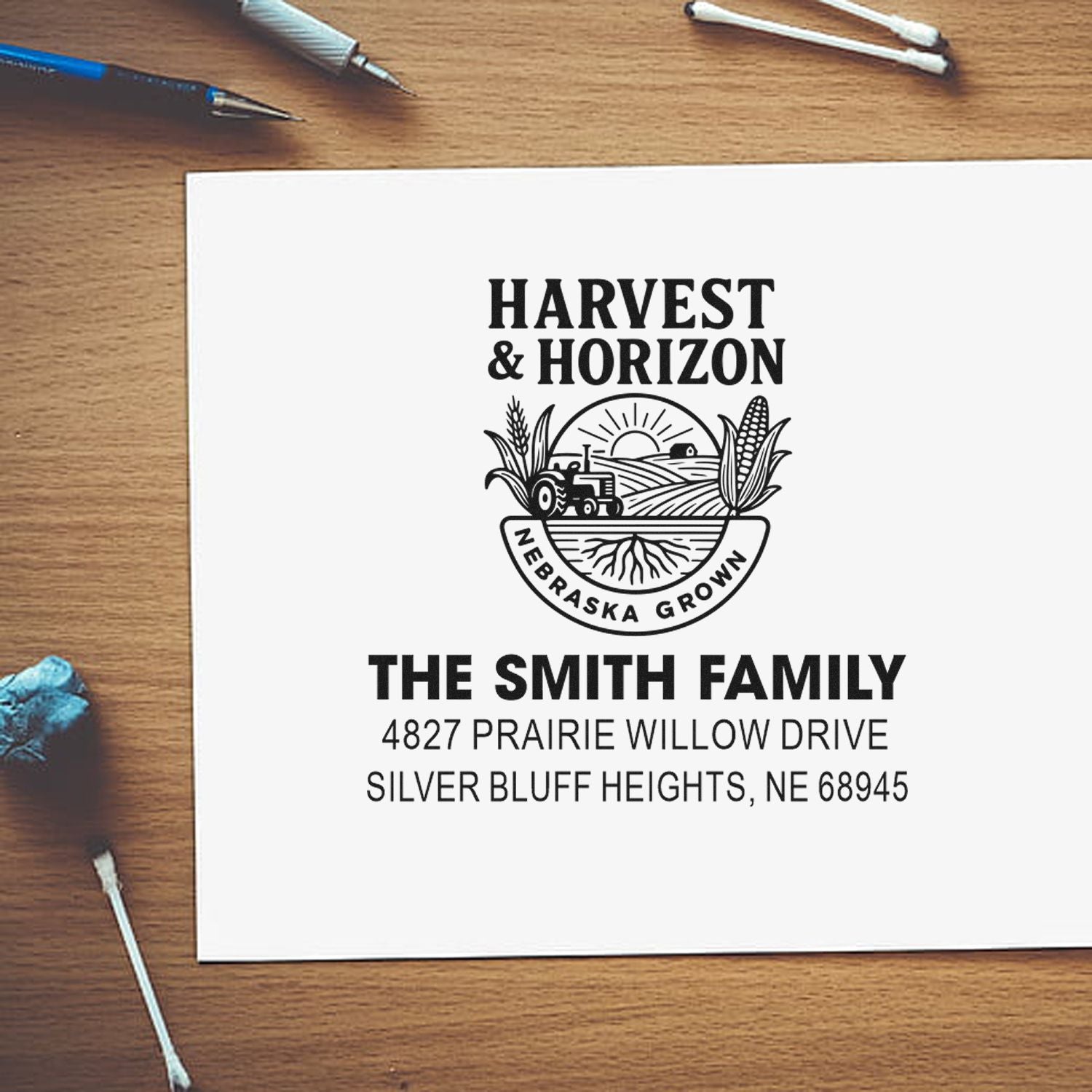 Custom farm family return address rubber stamp with Nebraska Grown logo and Harvest & Horizon design for The Smith Family.