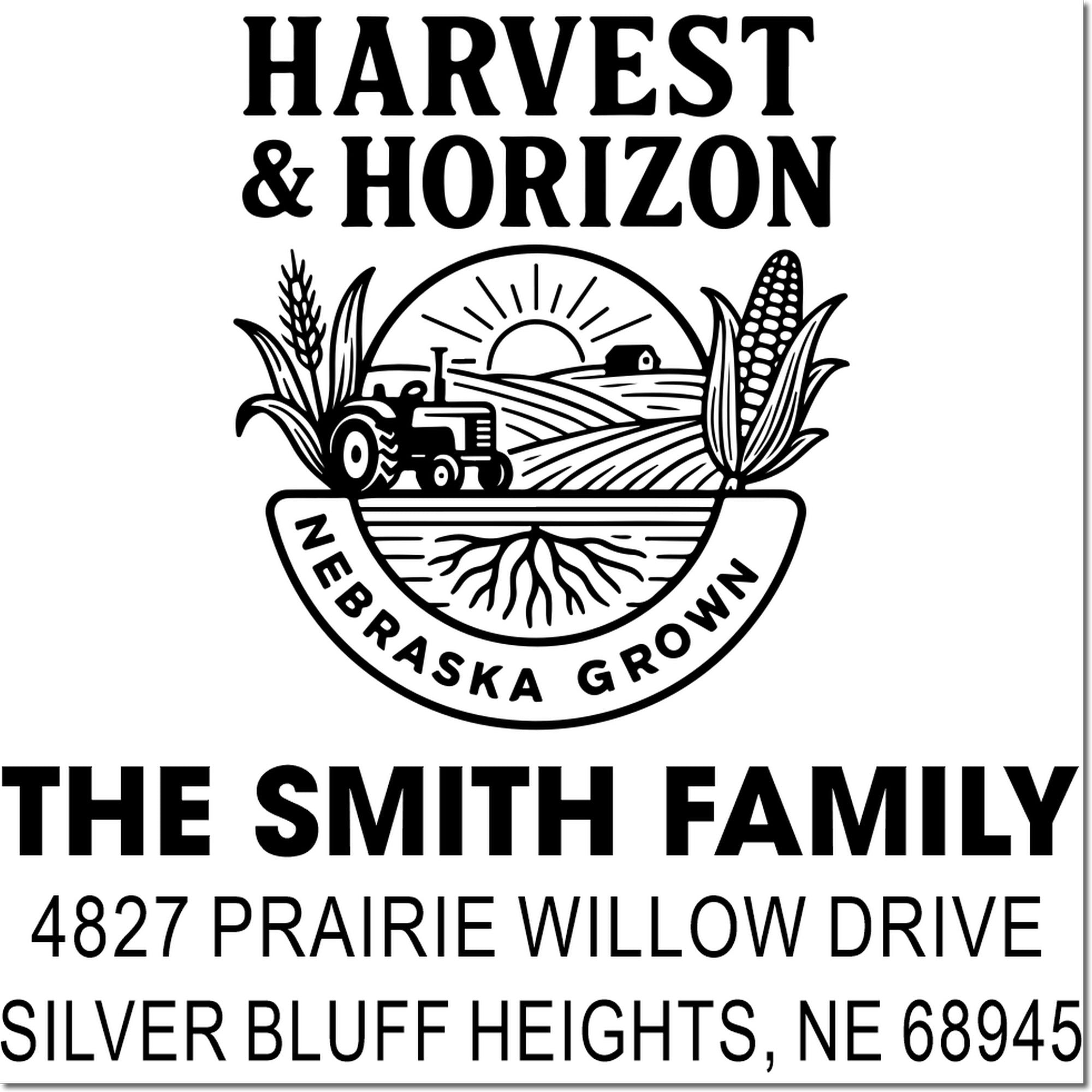 Custom family farm return address rubber stamp with tractor, corn, wheat and sunrise logo for The Smith Family.