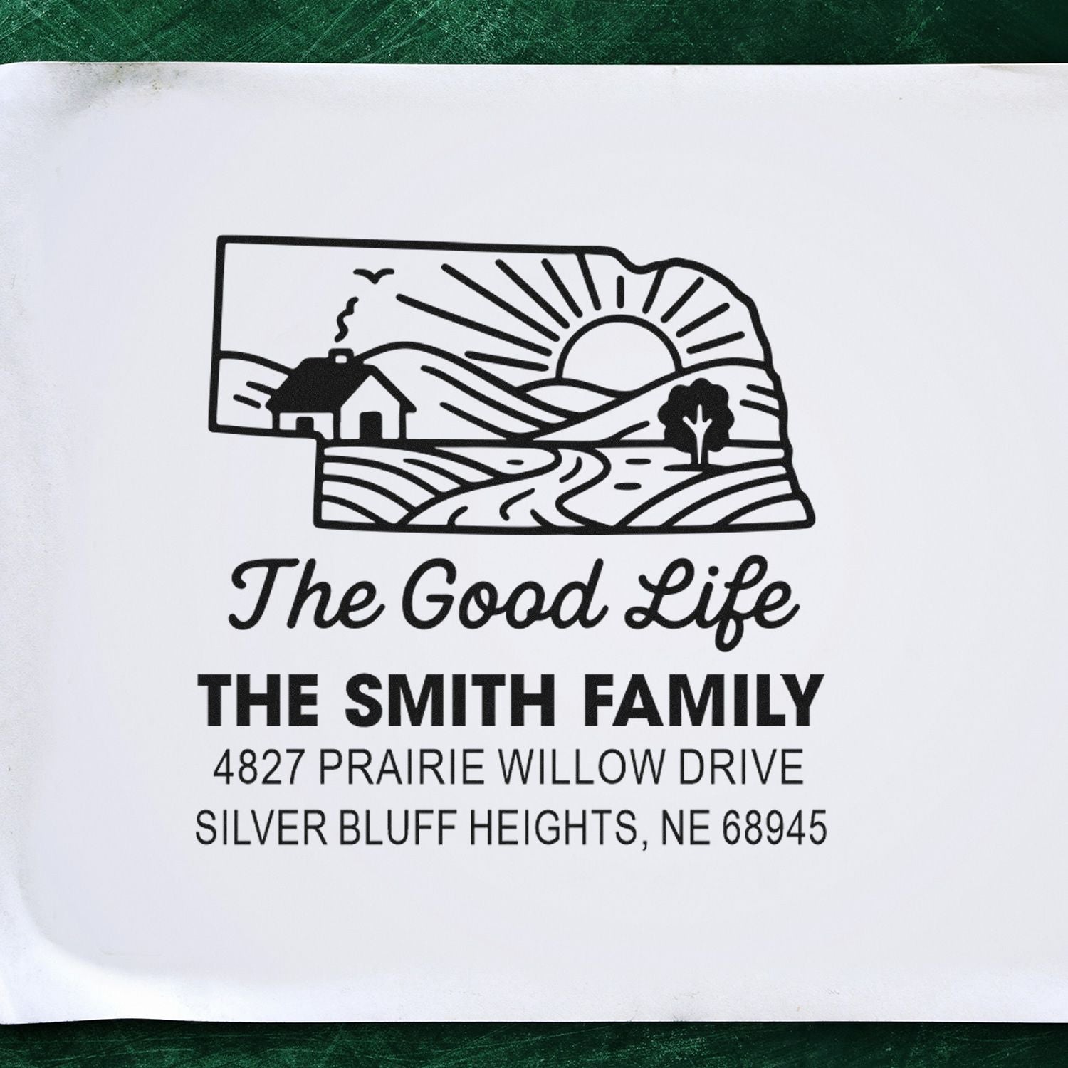 Personalized return address rubber stamp with farmhouse sunrise design, Smith family name, and Prairie Willow Drive address.