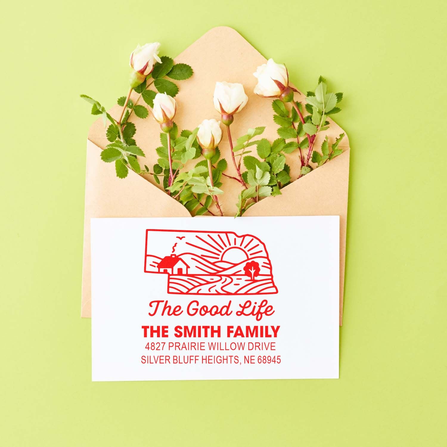 Custom family return address rubber stamp with The Good Life design for envelopes, weddings, and mailing labels.