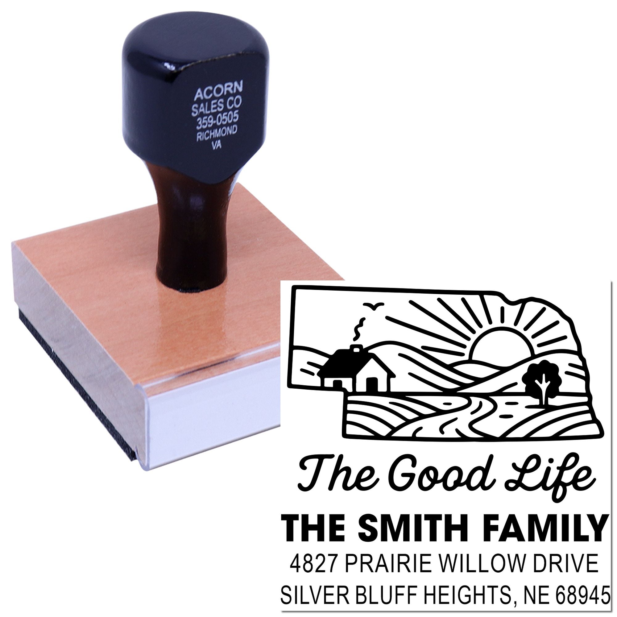 Custom return address rubber stamp with The Good Life farmhouse design, The Smith Family name, and address imprint.