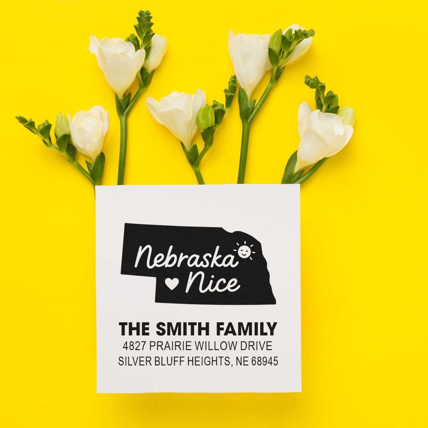 Custom Nebraska Nice address rubber stamp for The Smith Family, perfect for personalized mail and stationery.