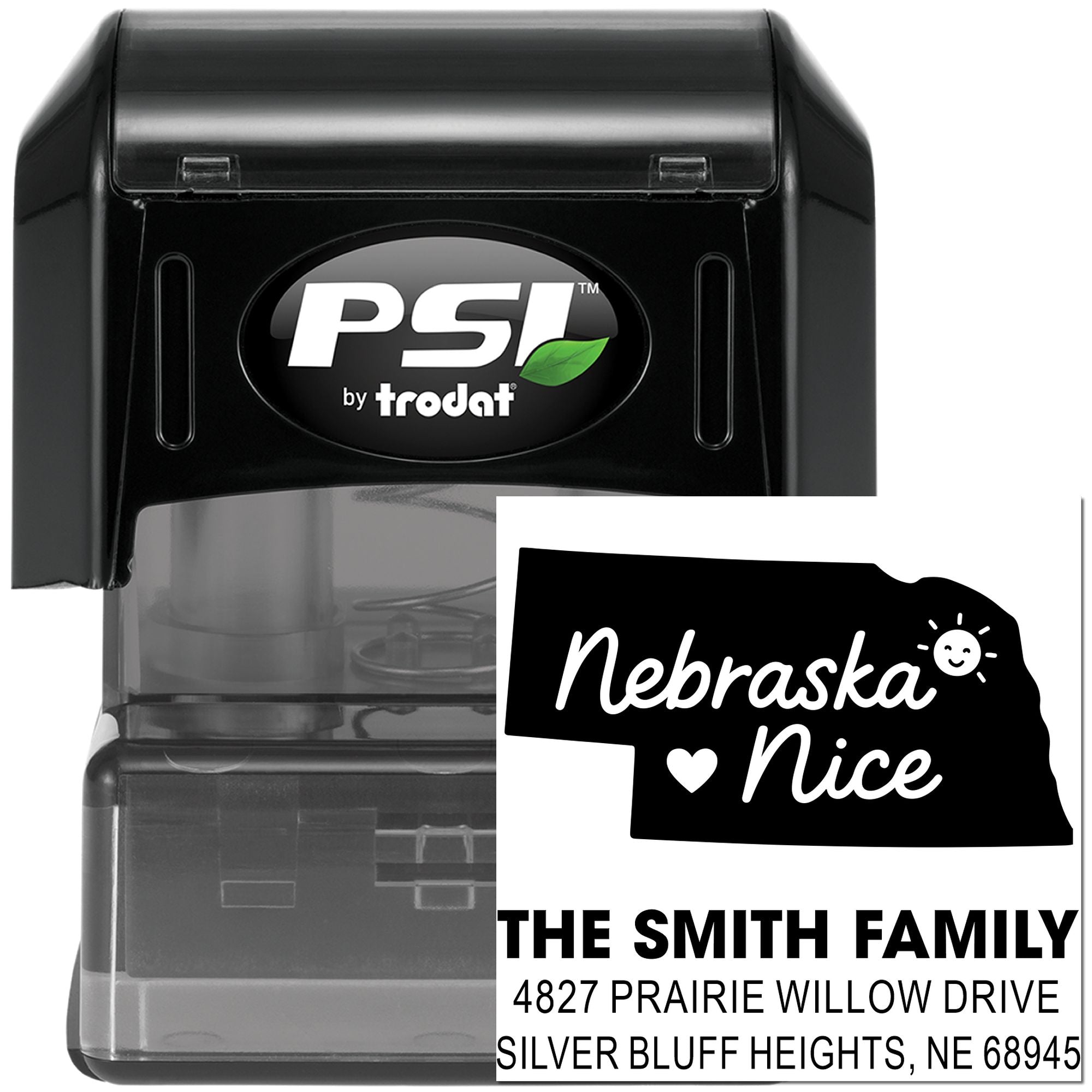 PSI by Trodat self-inking custom address rubber stamp with Nebraska Nice design for personalized mailing