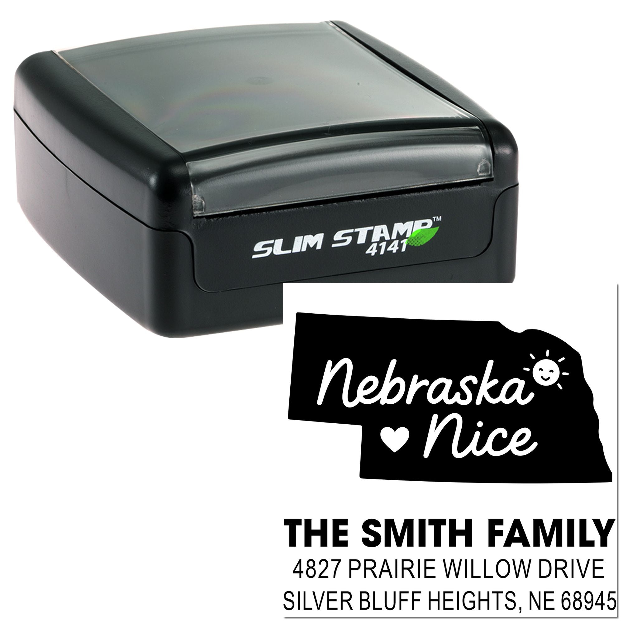 Custom Nebraska Nice address rubber stamp, self-inking Slim Stamp 4141, with family name and mailing address