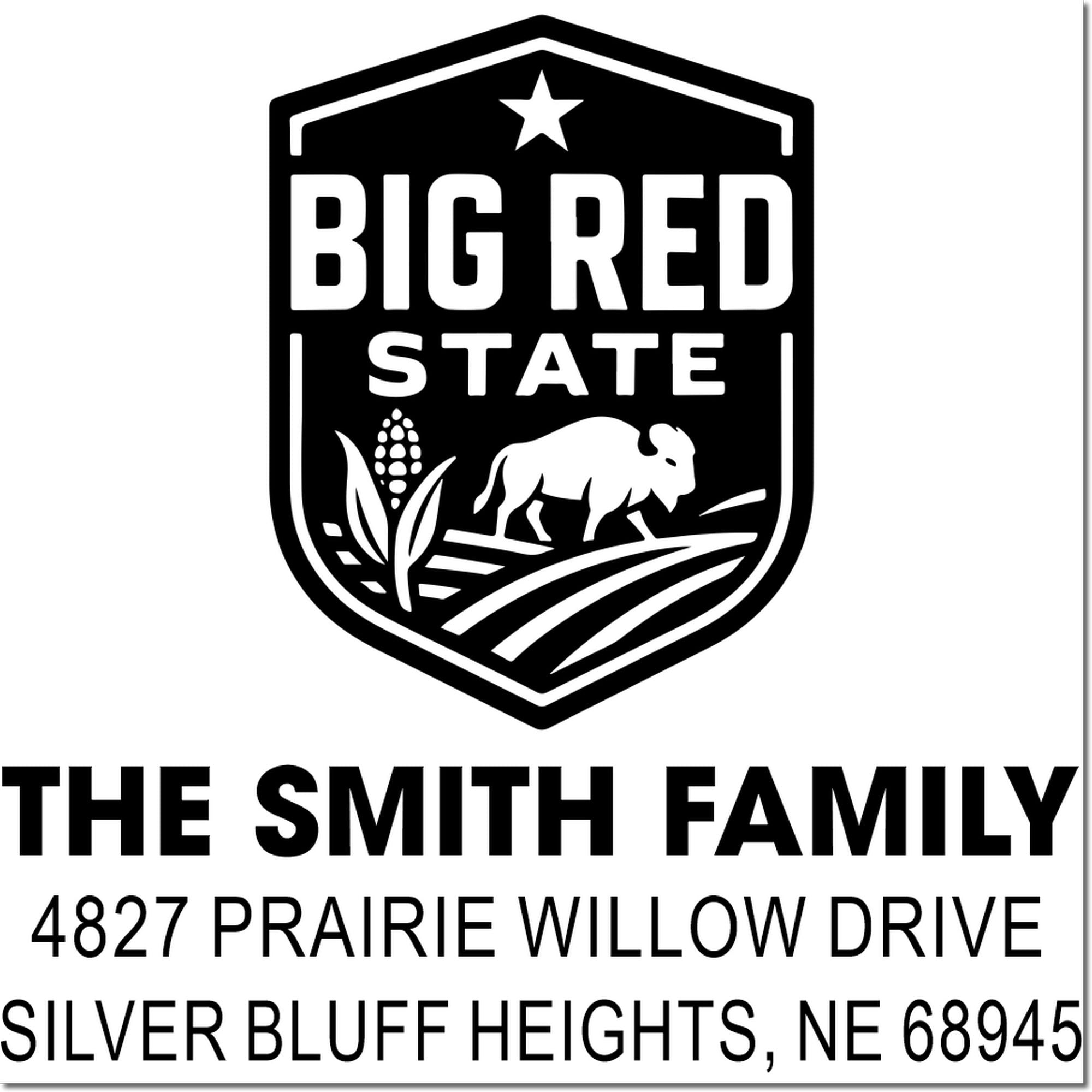 Big Red State custom return address rubber stamp for The Smith Family, Silver Bluff Heights, NE 68945.
