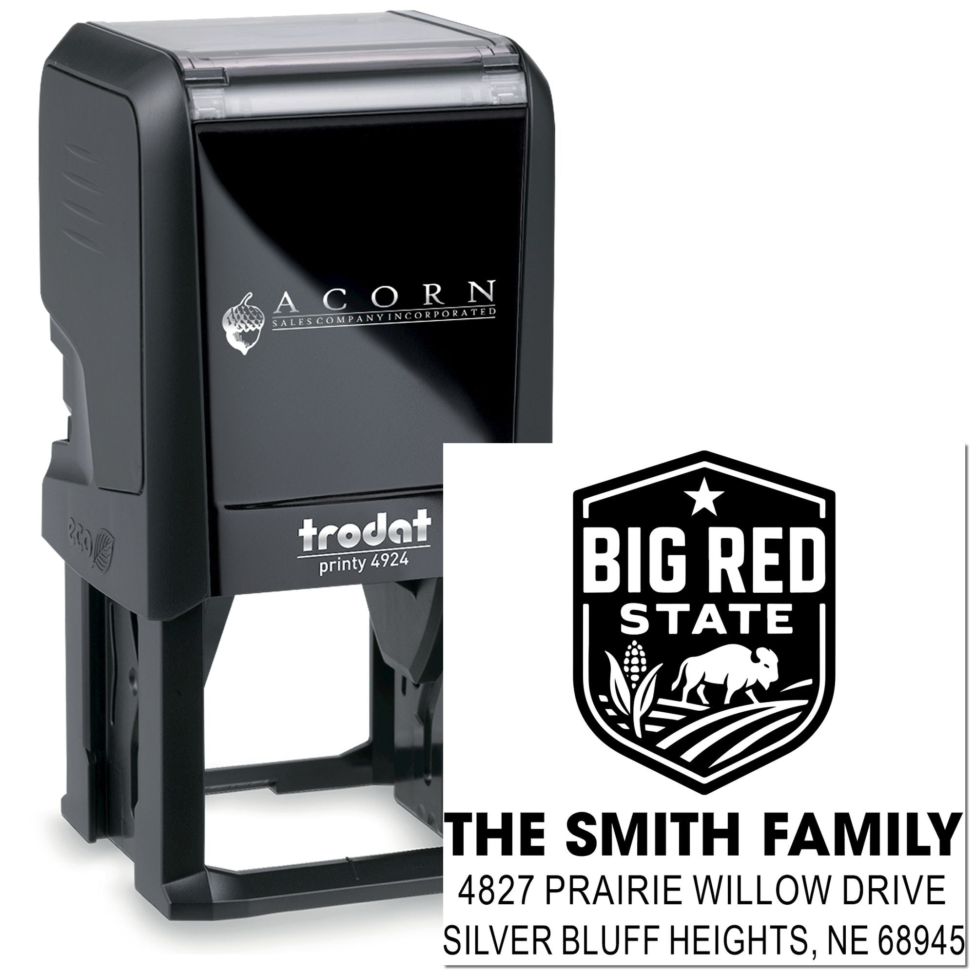 Custom self-inking rubber address stamp with Big Red State logo and Smith family address for personalized mailing.