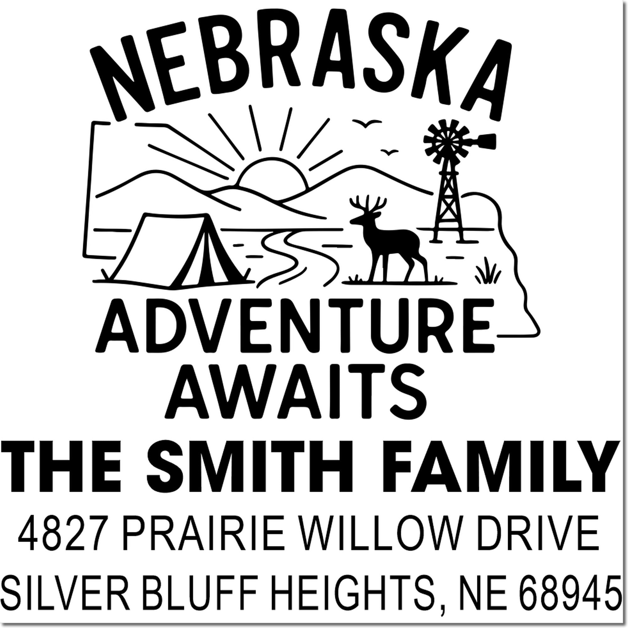 Custom Nebraska adventure return address rubber stamp for The Smith Family with camping, deer, and windmill design
