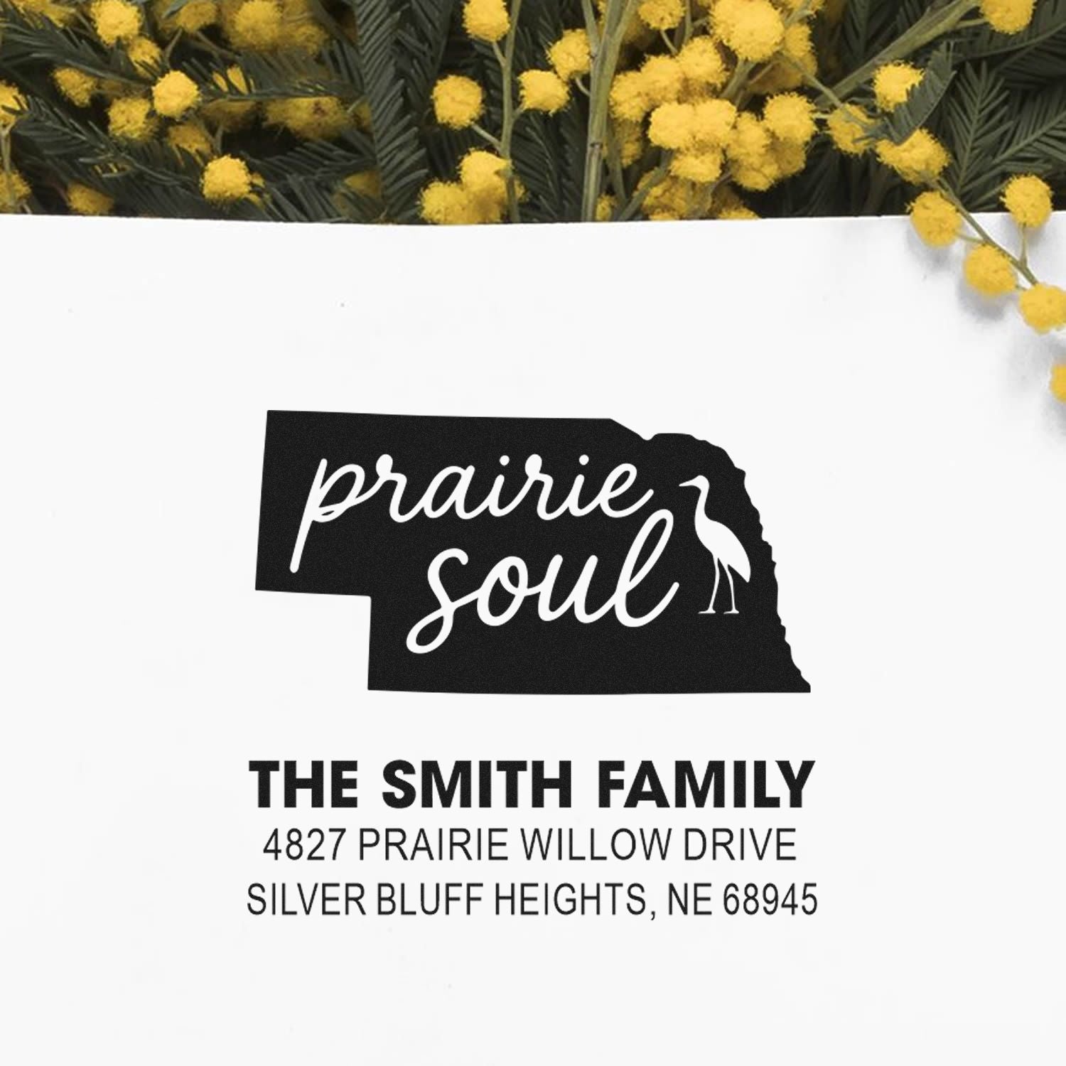 Personalized Nebraska return address rubber stamp with Prairie Soul design for The Smith Family, Silver Bluff Heights, NE