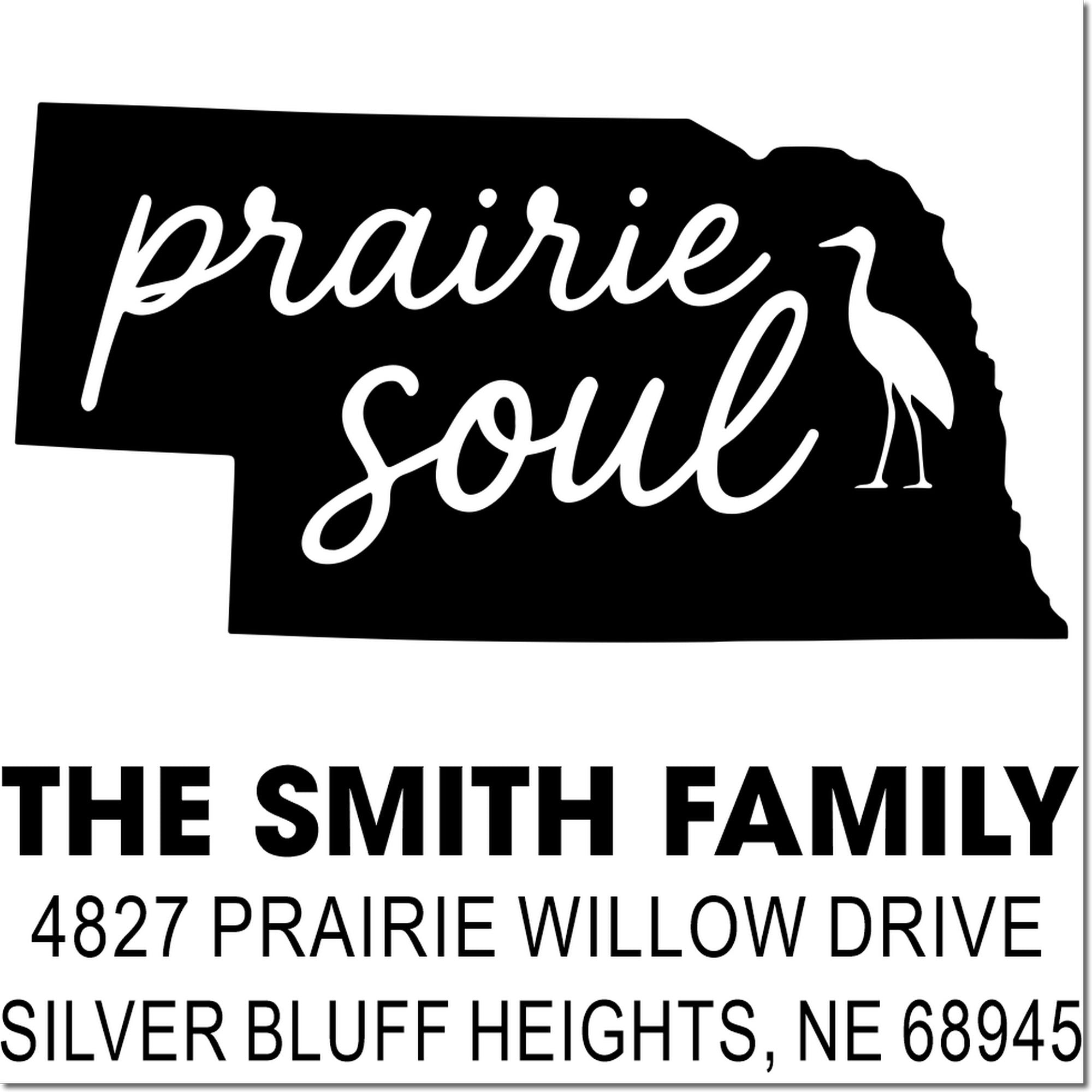 Nebraska prairie soul return address rubber stamp for The Smith Family, featuring state silhouette and custom address.
