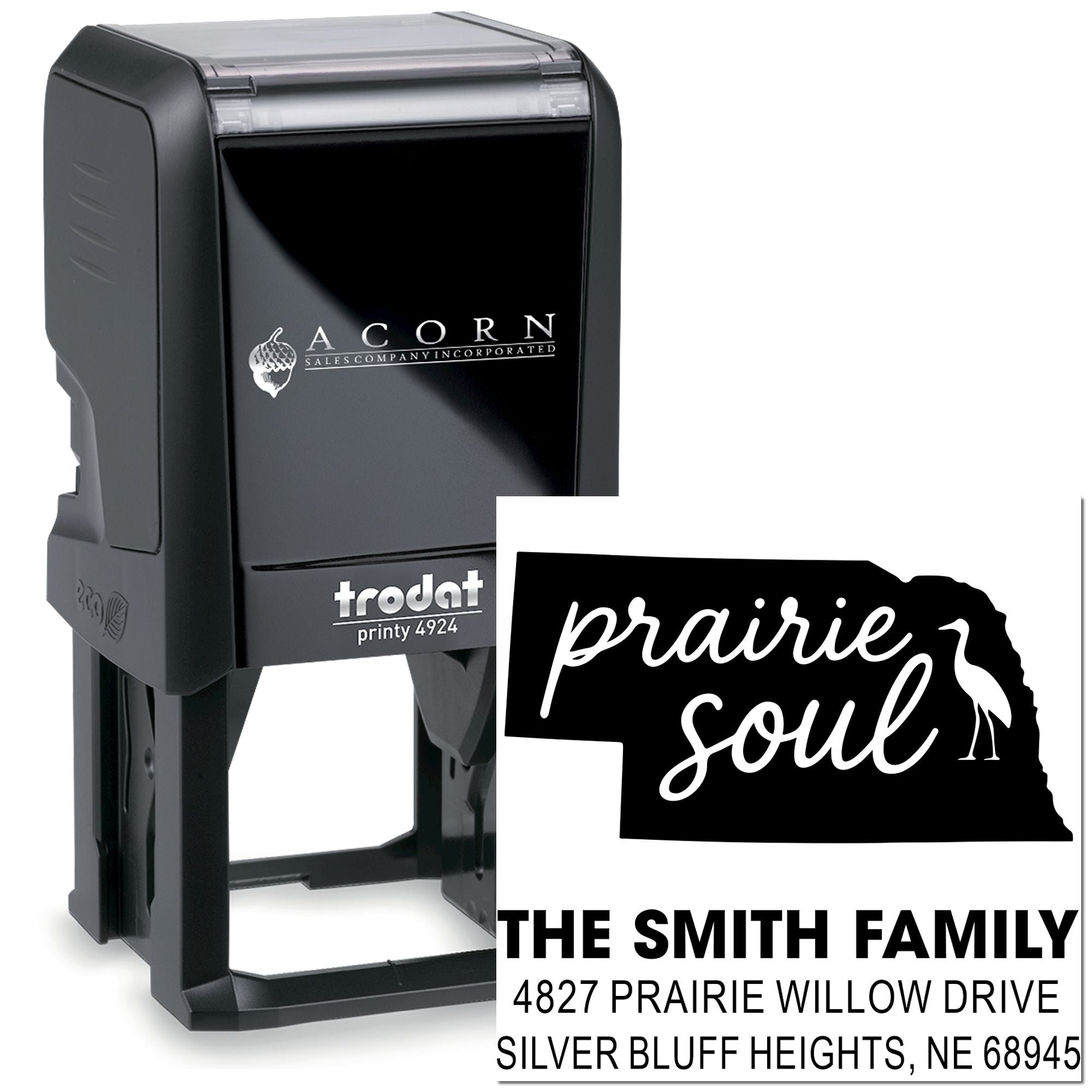 Custom self-inking address stamp for The Smith Family with Prairie Soul logo and Silver Bluff Heights, NE return address.