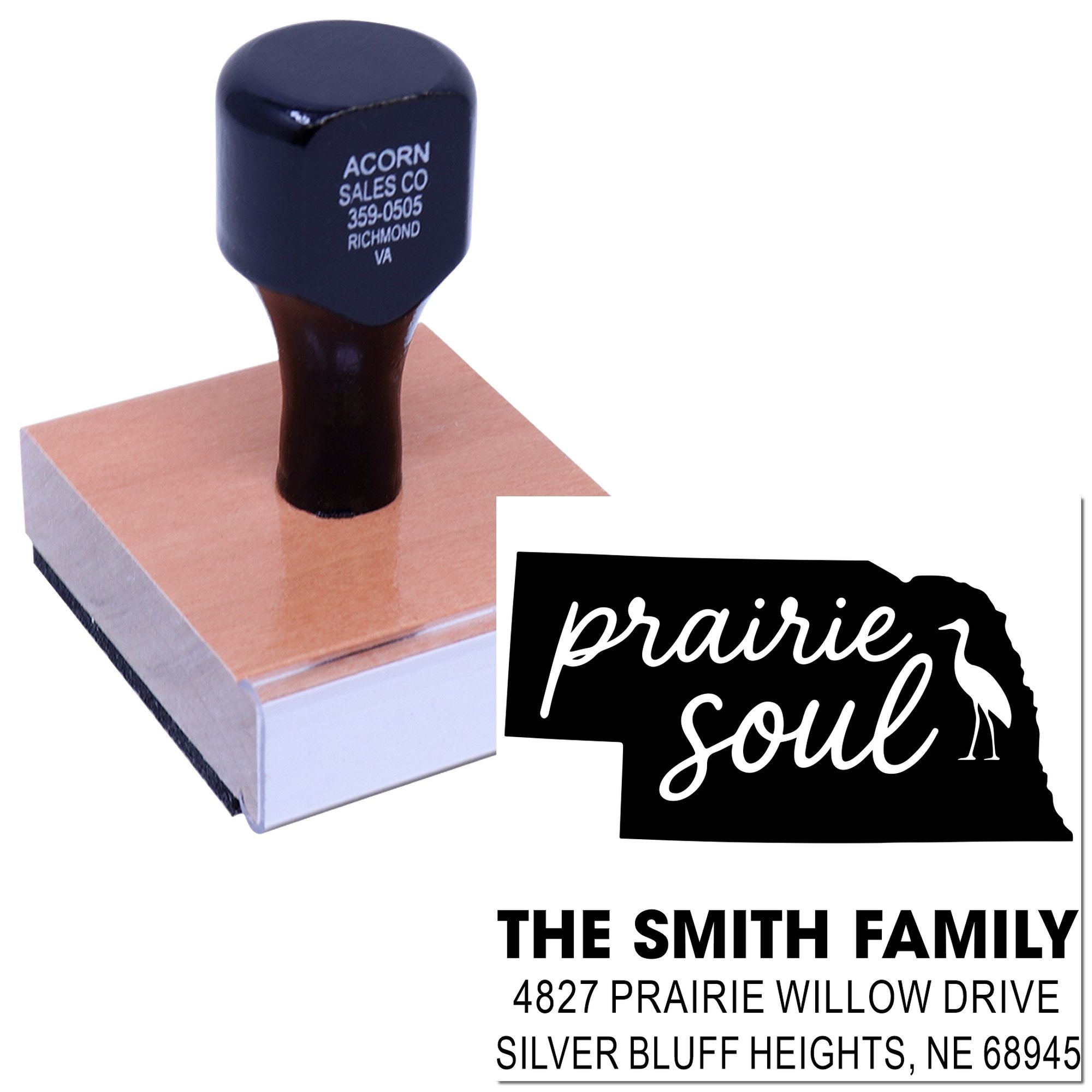 Custom rubber stamp with Prairie Soul Nebraska design and The Smith Family return address for personalized mailing labels.