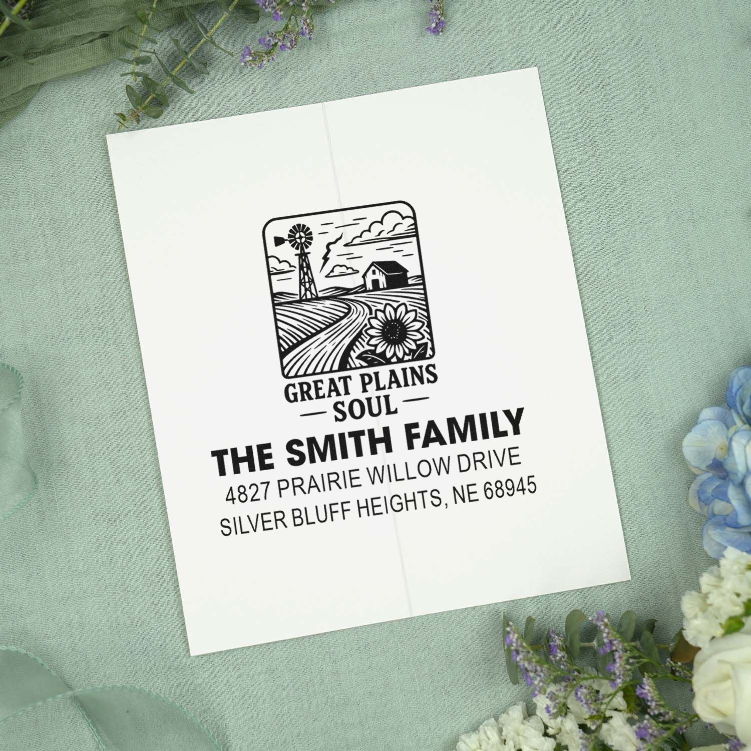 Personalized return address rubber stamp with Great Plains Soul farm design for The Smith Family, Silver Bluff Heights, NE.