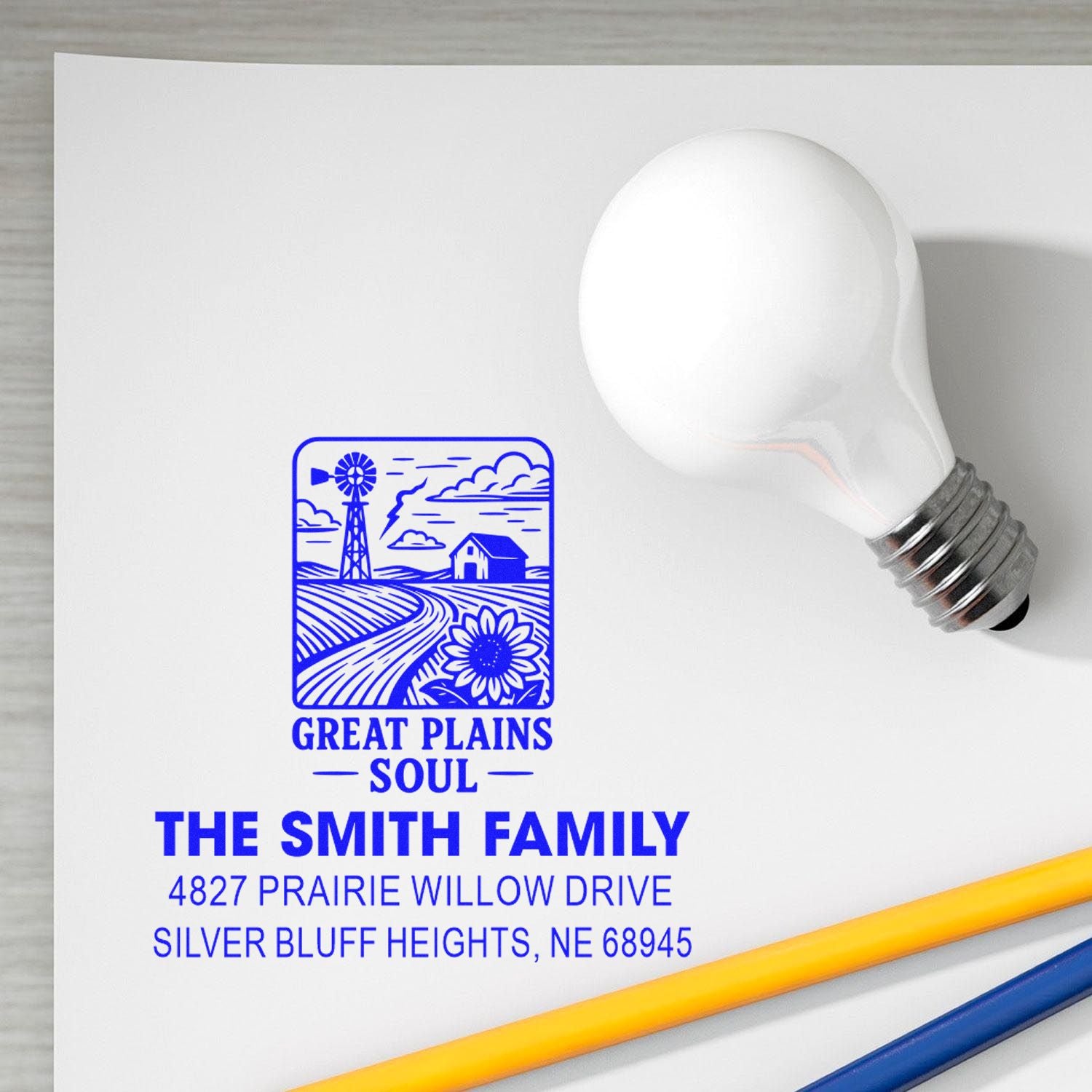 Custom rubber stamp with Great Plains Soul logo, Smith family return address, and Nebraska address for personalized mailing.